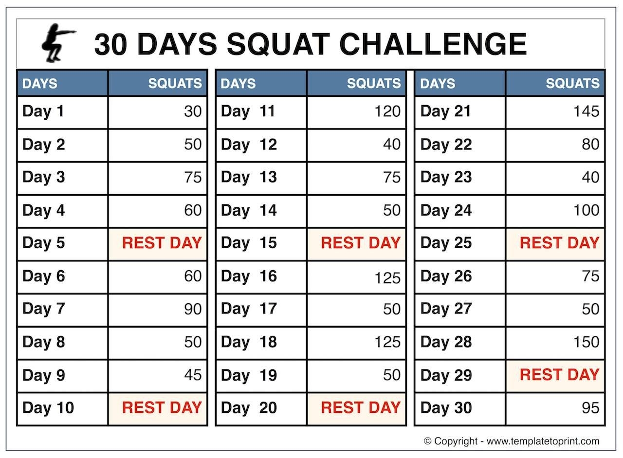 30 Day Squat Challenge Printable Chart