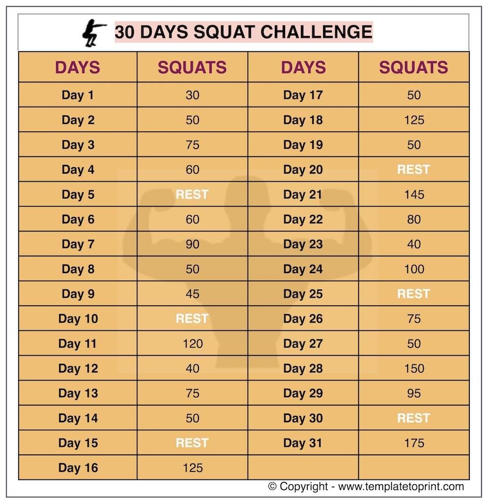 The 30 Day Squat Challenge Schedule Calendar | Get Your Calendar Printable