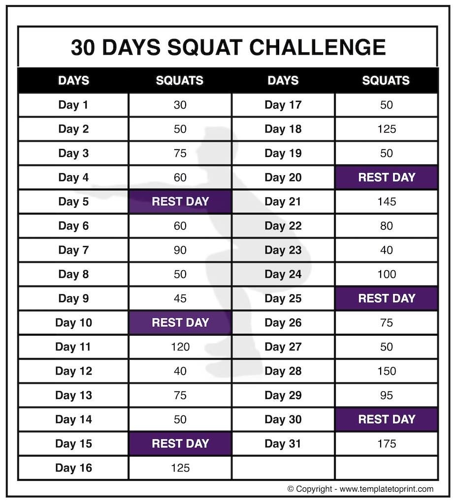 30 Squat Challenge Printable Calendar | Chart | Legs Workout