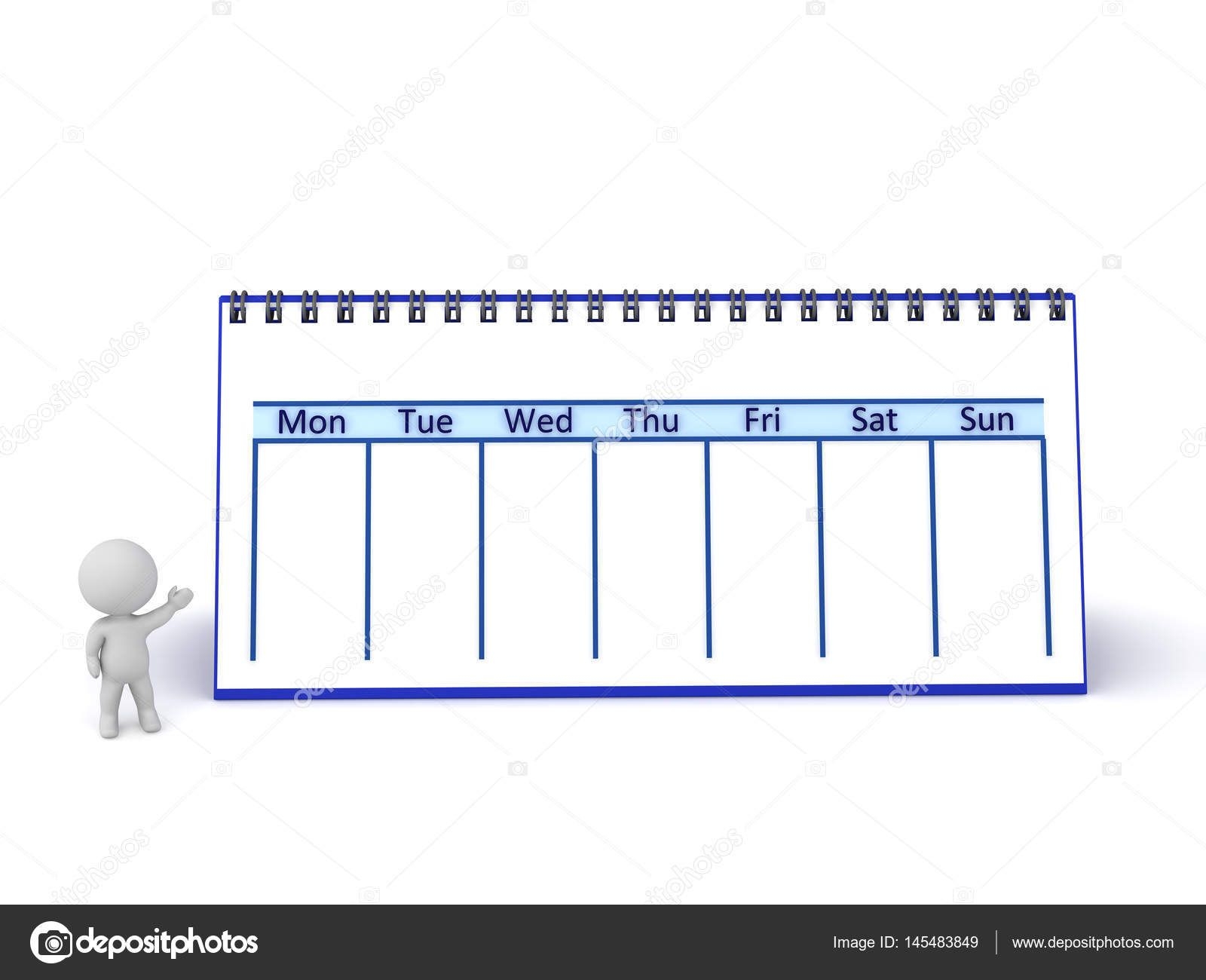 3D Character Showing Large Week Calendar — Stock Photo