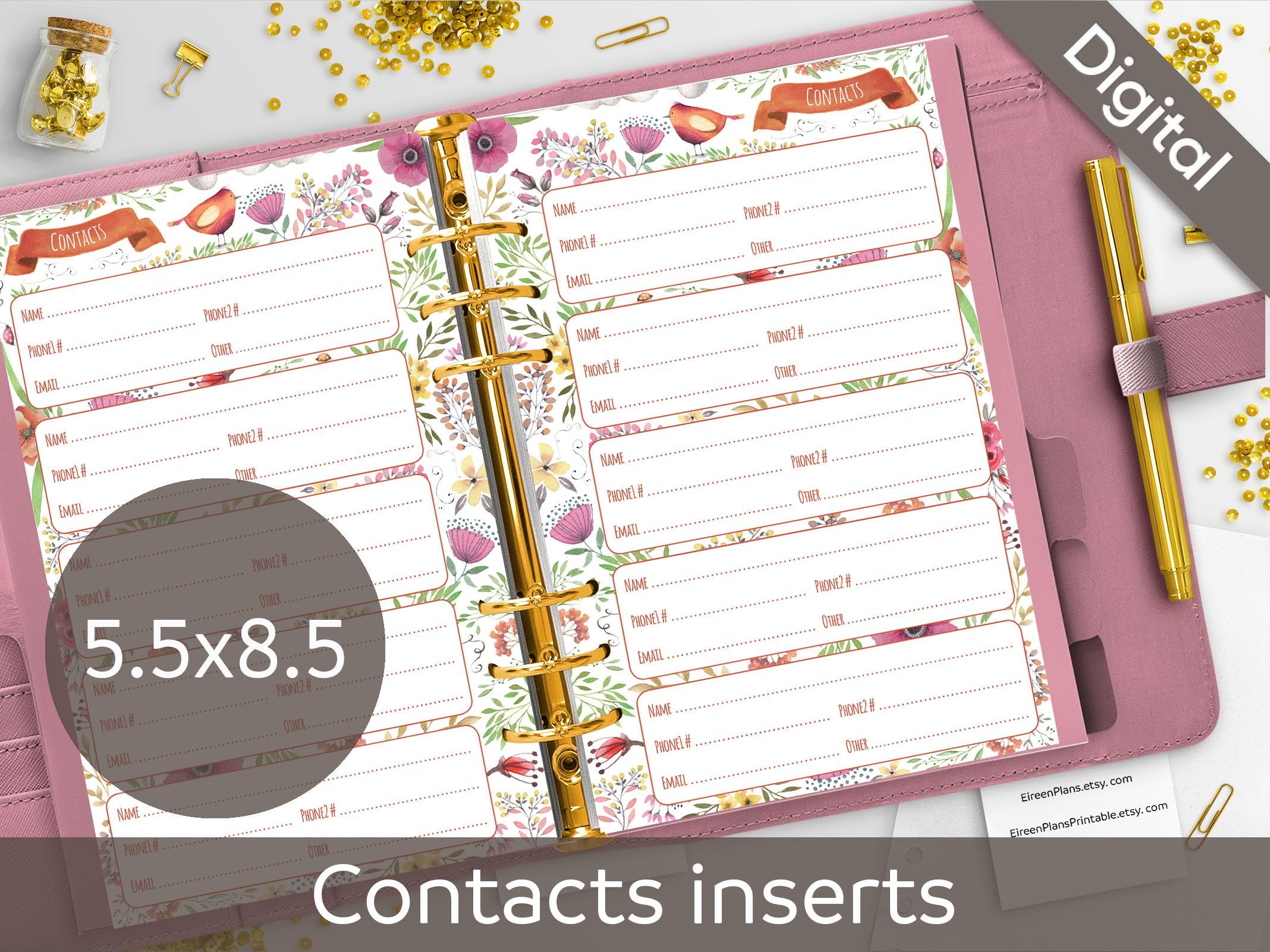 5.5X8.5 Contacts Pages Printable, Contact Sheets, Half Size, Junior Size  Pdf, Nilaria Red Bird, Floral Inserts, Diy Planner Instant Download