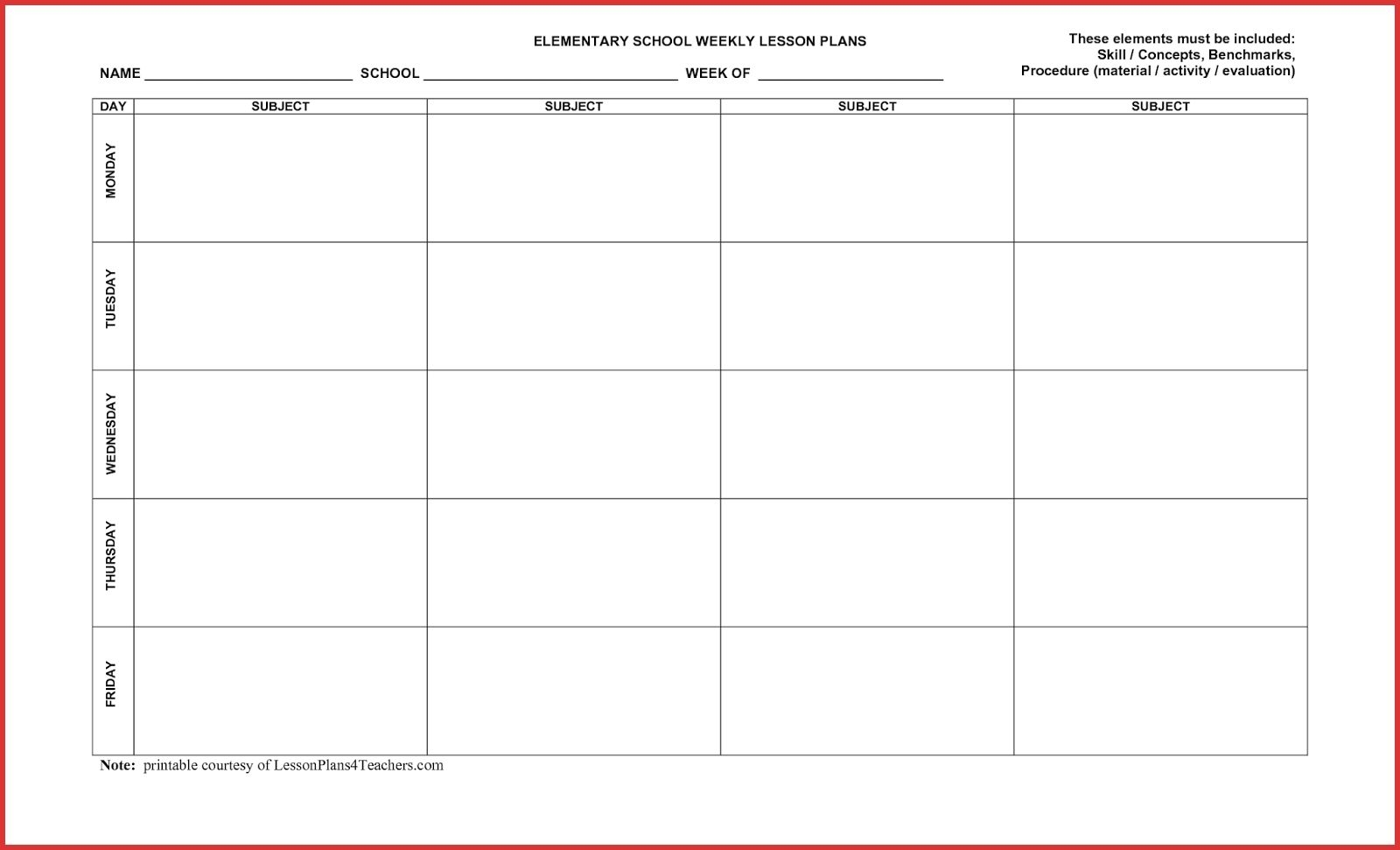 5 Day Weekly Calendar Template - Bance