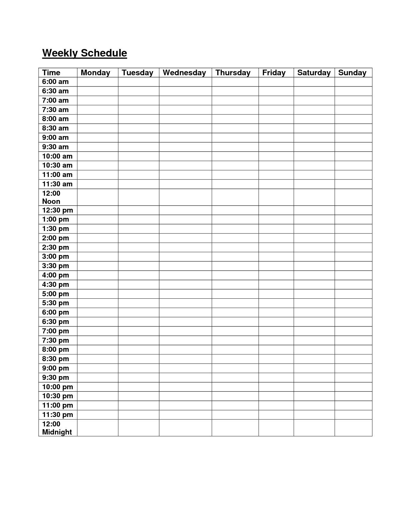 6Am- Midnight Hourly Weekly Schedule Planner | Schedule Planner