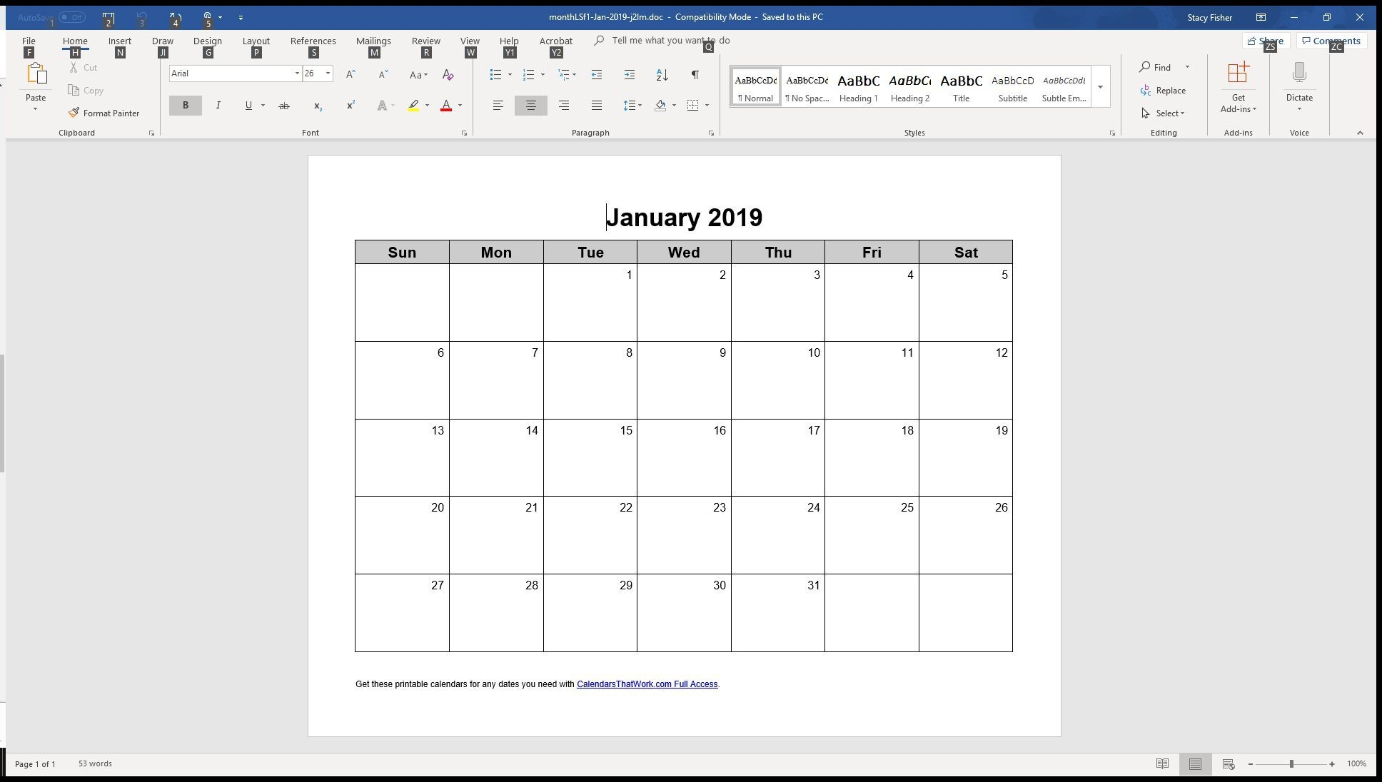 Universal Monthly Calendar I Can Edit