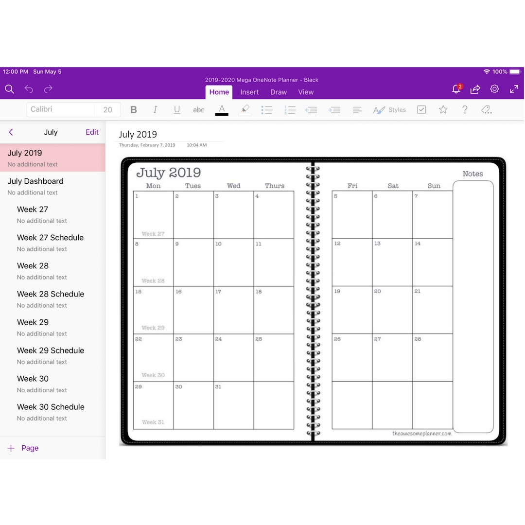 calendar templates for onenote