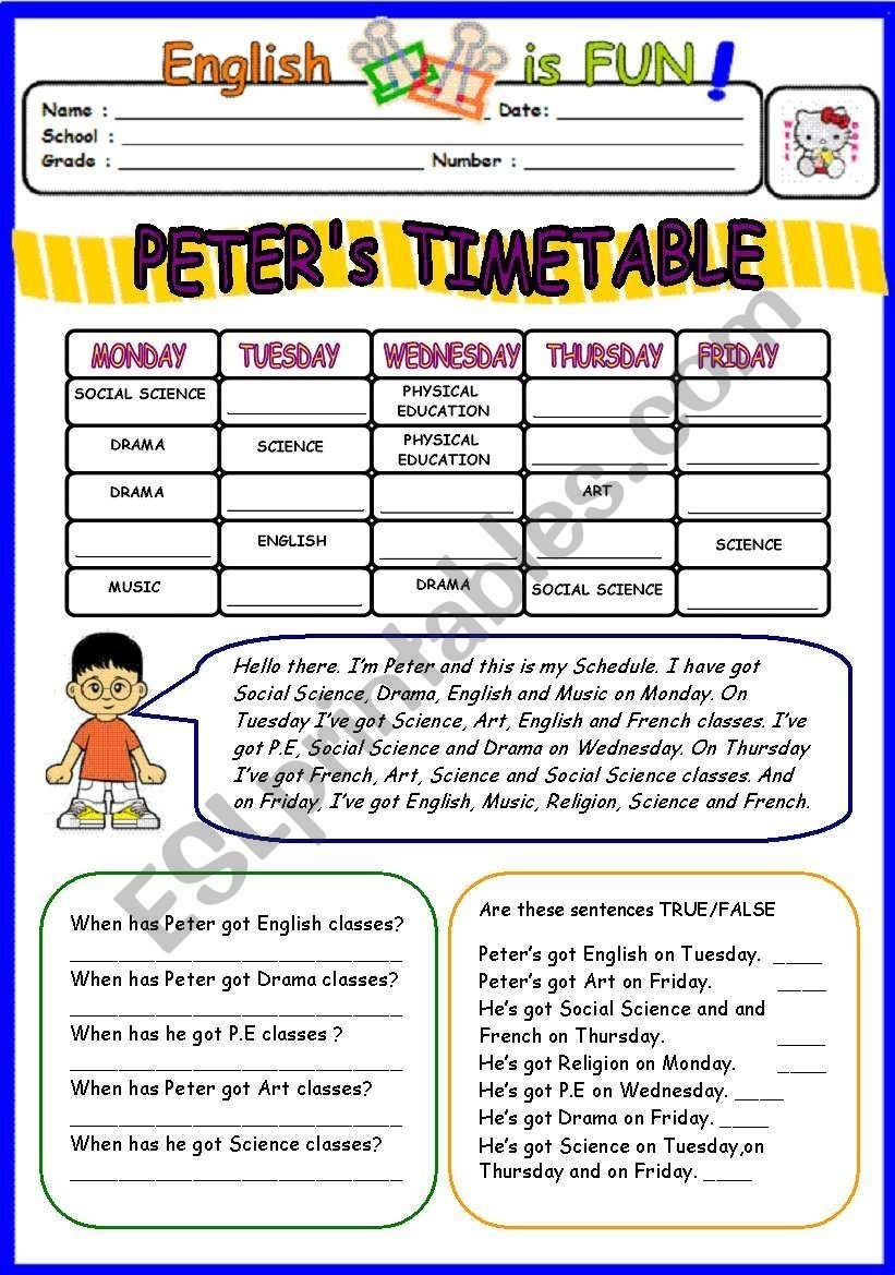 A Worksheet On School Subjects And Timetable With Fill In