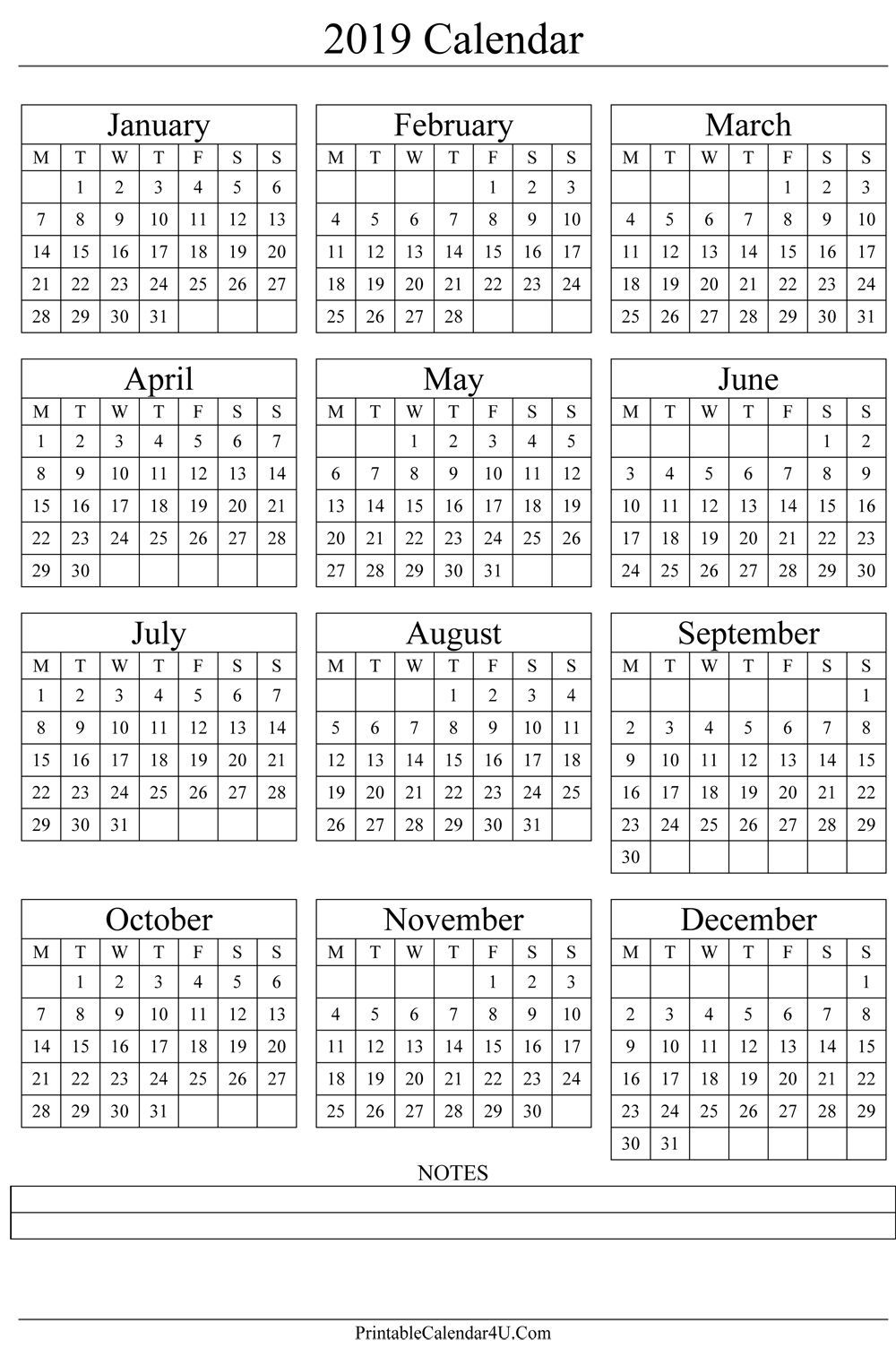 Annual Calendar 2019 Portrait Printable Calendar 2017 2018