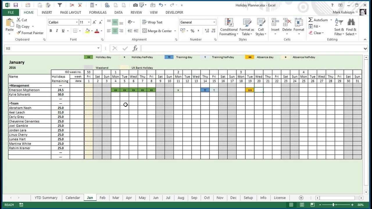 Any Year Holiday, Training &amp; Absence Planner For Excel