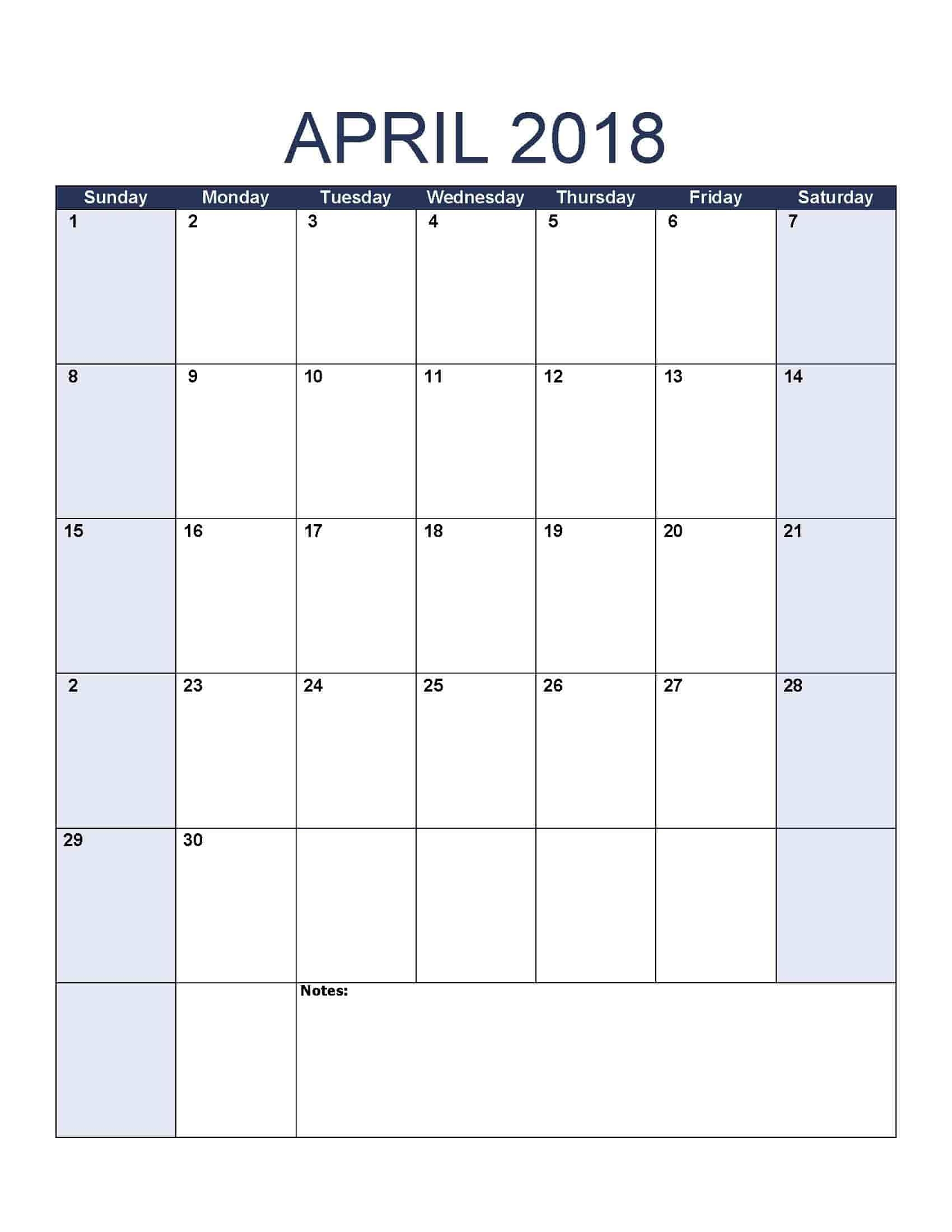 April 2018 Calendar - Free, Printable Calendar Templates