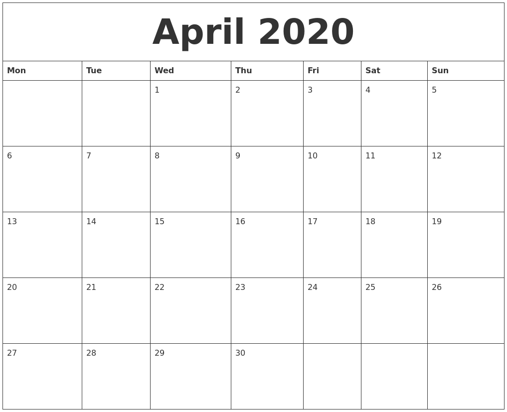 April 2020 Large Printable Calendar