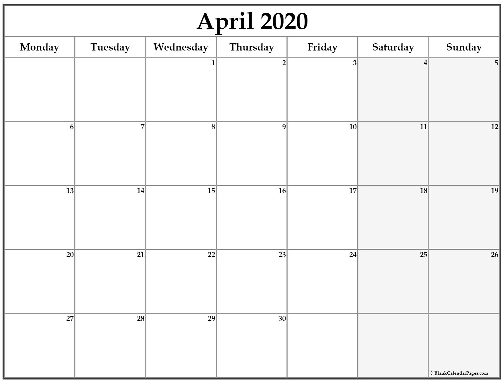 April 2020 Monday Calendar | Monday To Sunday