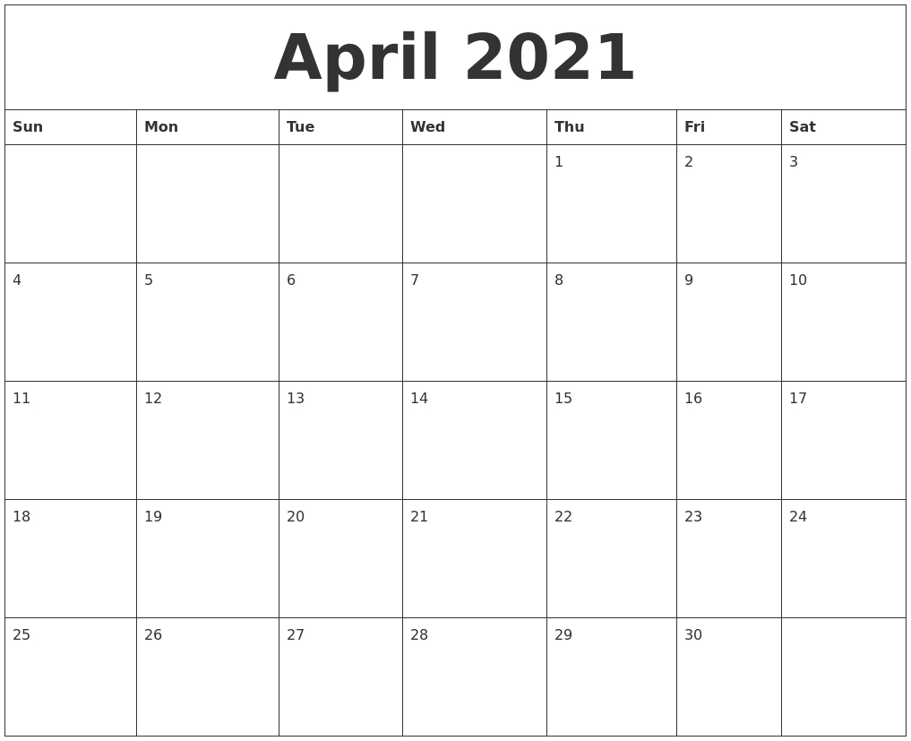 April 2021 Blank Monthly Calendar Template