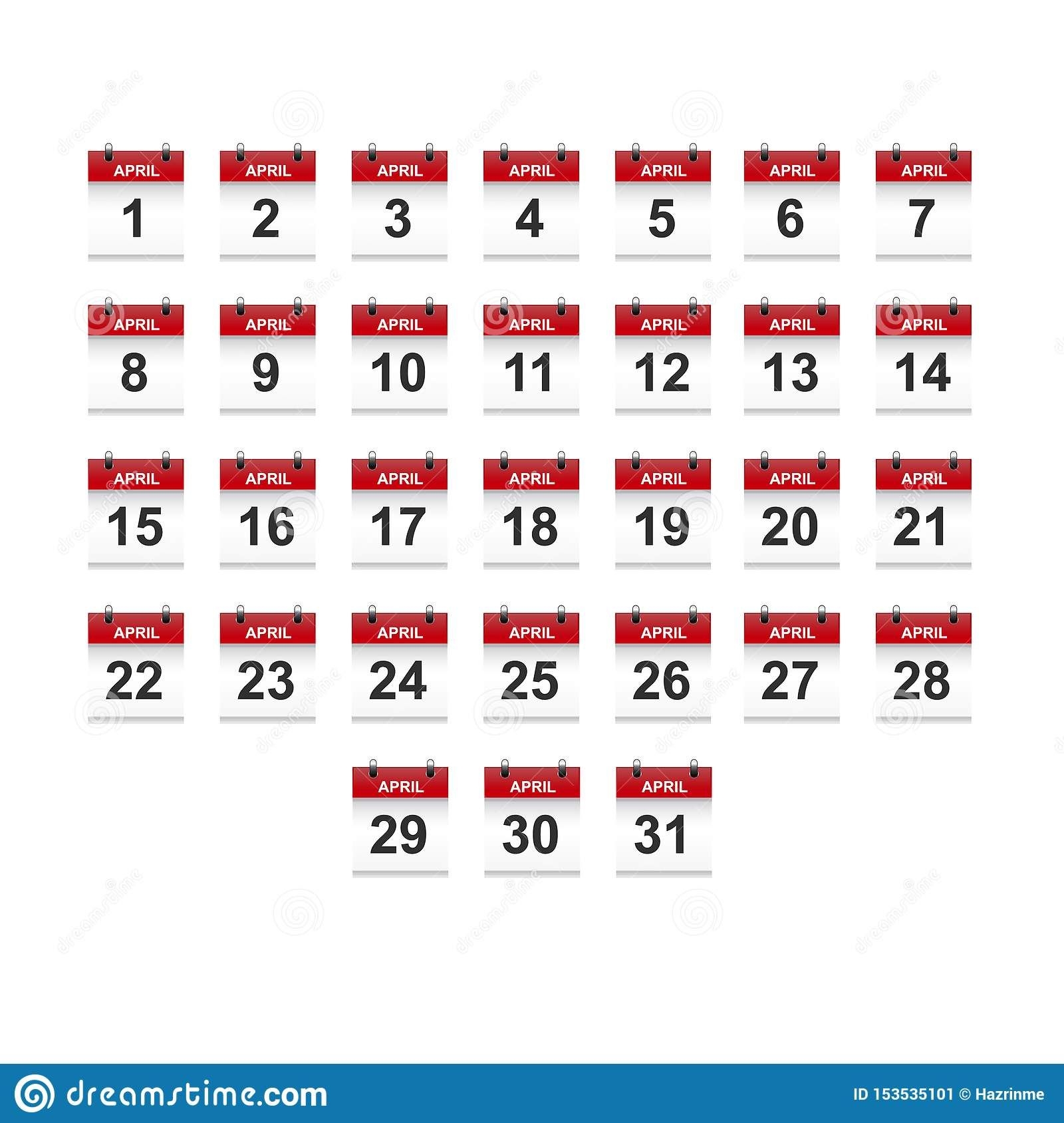 April Calendar 1-31 Illustration Vector Art Stock Vector