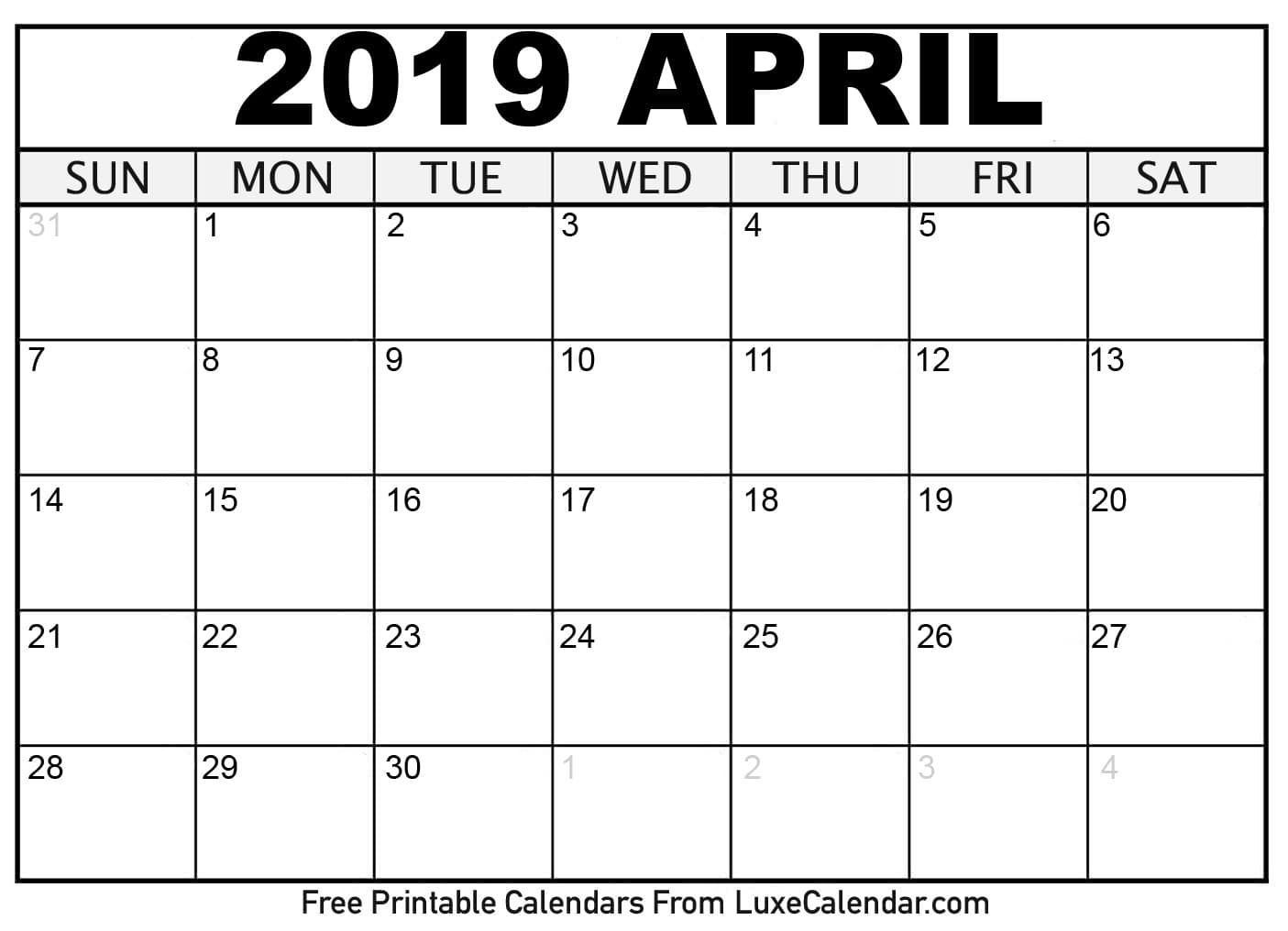 April Calendar 2020 – Printable Template Free Download