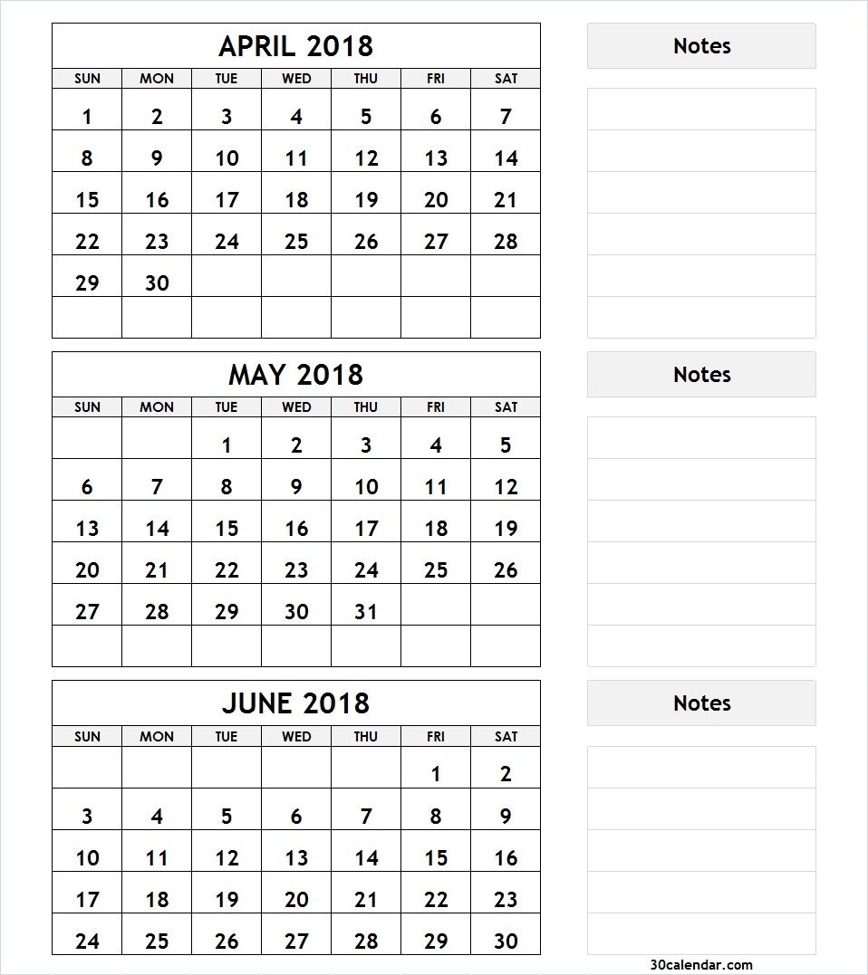 April May June 2018 Calendar Example | 3 Month Calendar Template