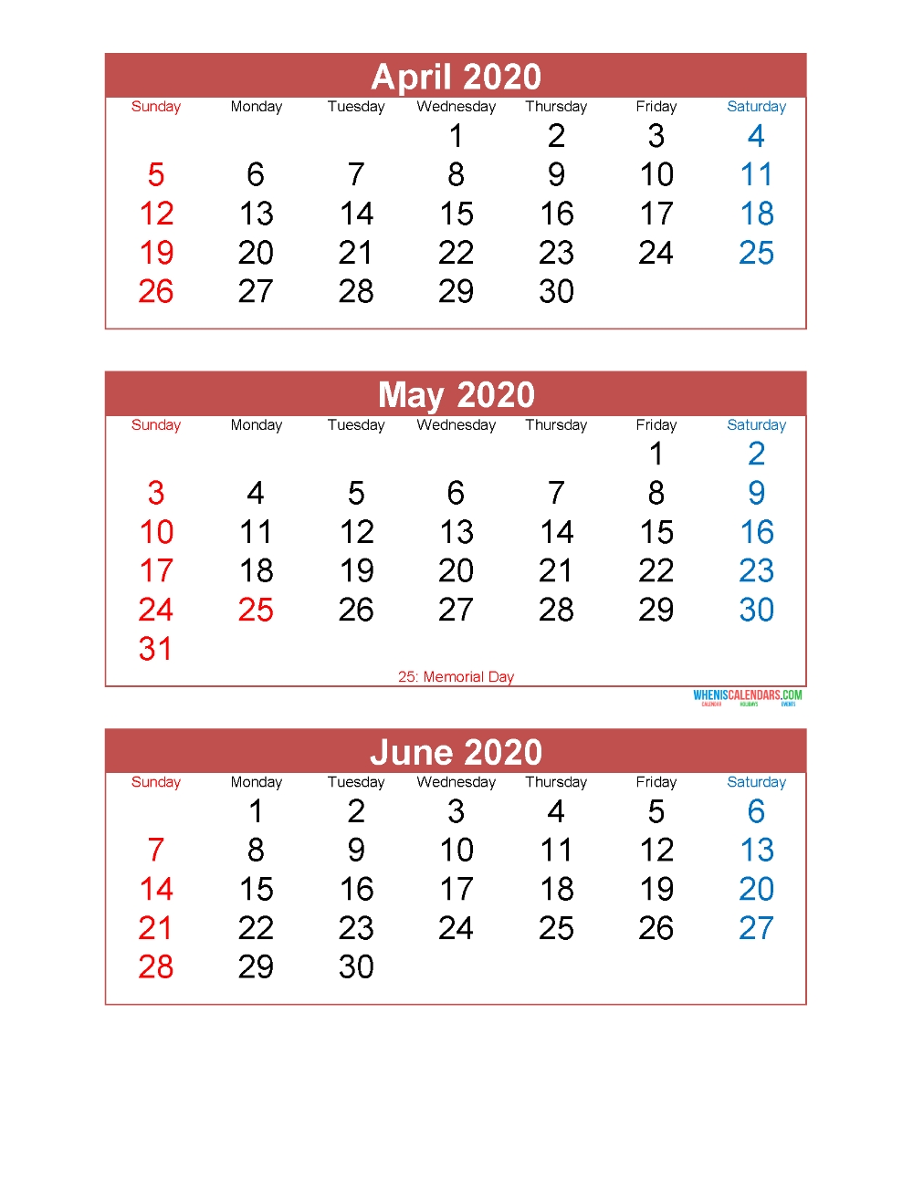 April May June 2020 Calendar 3 Months Per Page Printable