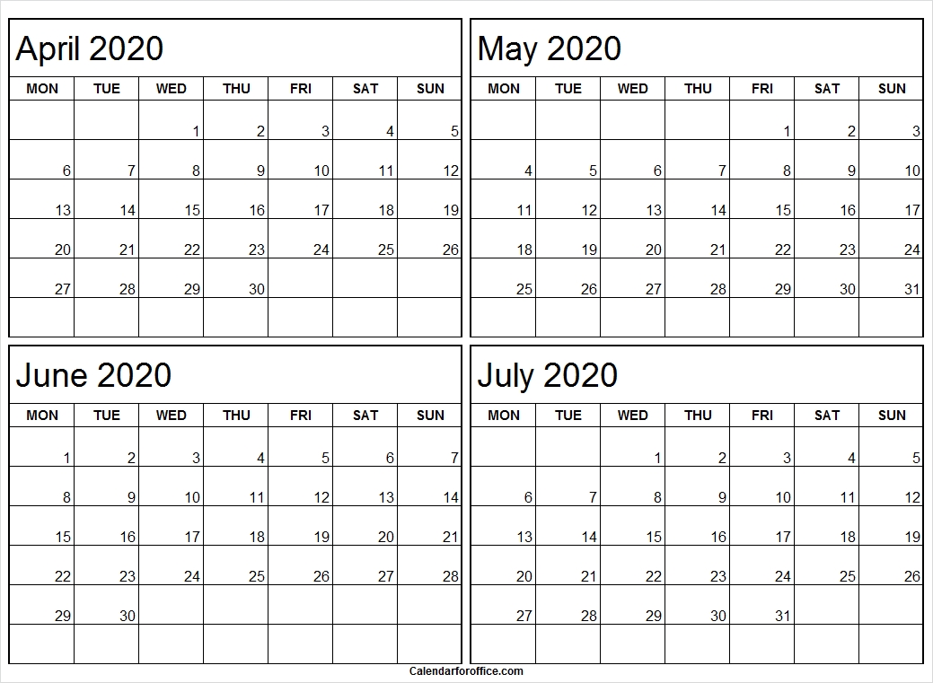 April To July 2020 Calendar Monday To Friday | Black And