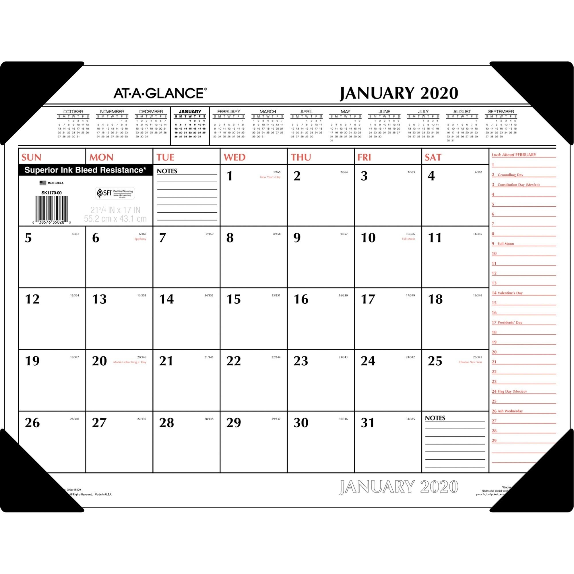 At-A-Glance Monthly Desk Pad - Yes - Monthly - 1 Year - January 2020 Till  December 2020 - 1 Month Single Page Layout - 22&quot; X 17&quot; Sheet Size - 2.38&quot; X