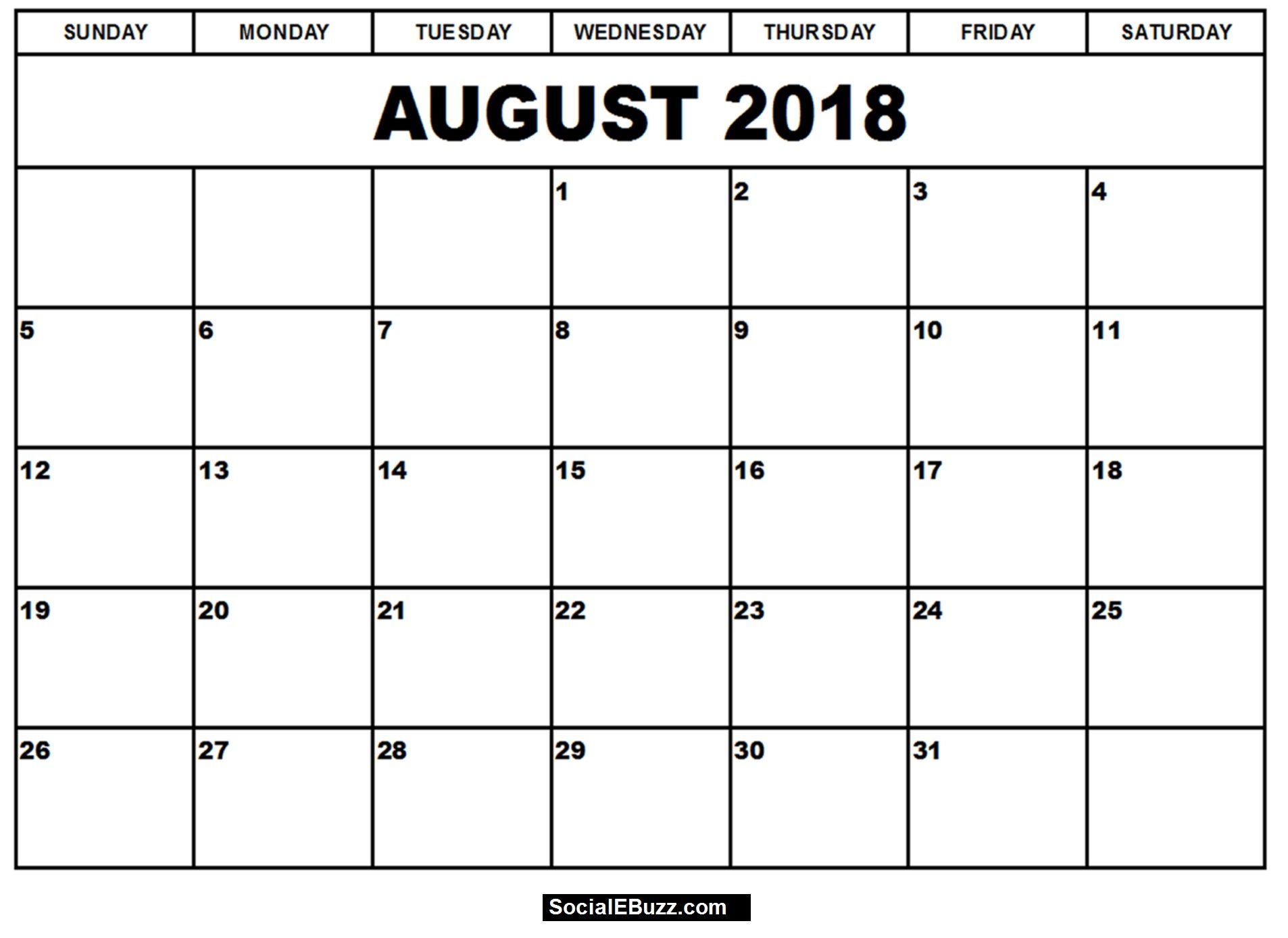August 2018 Calendar Printable Templates Holidays (With