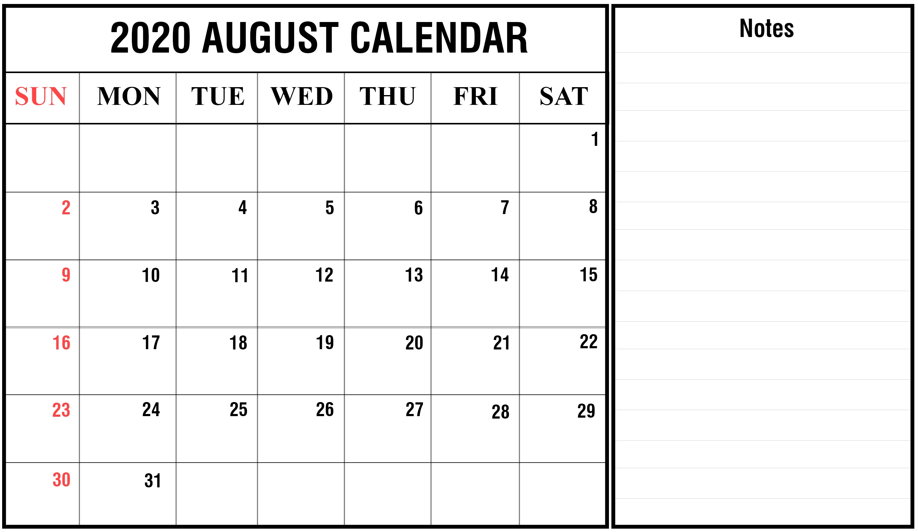 August 2020 Calendar Printable Template In Pdf, Word, Excel