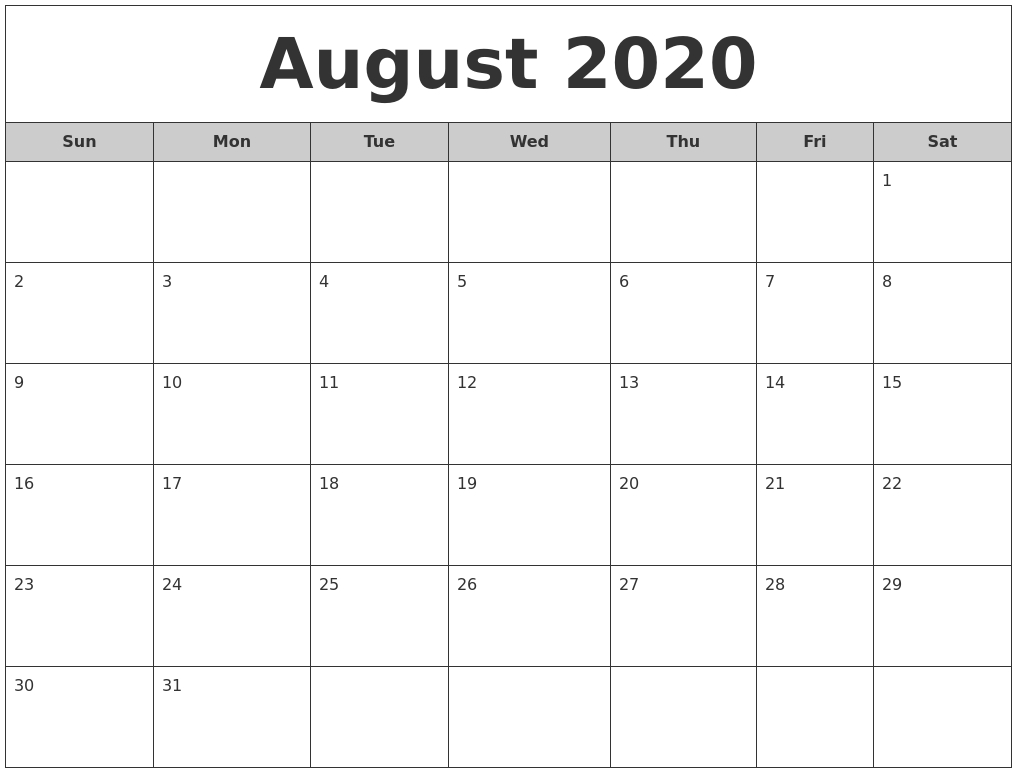 August 2020 Free Monthly Calendar