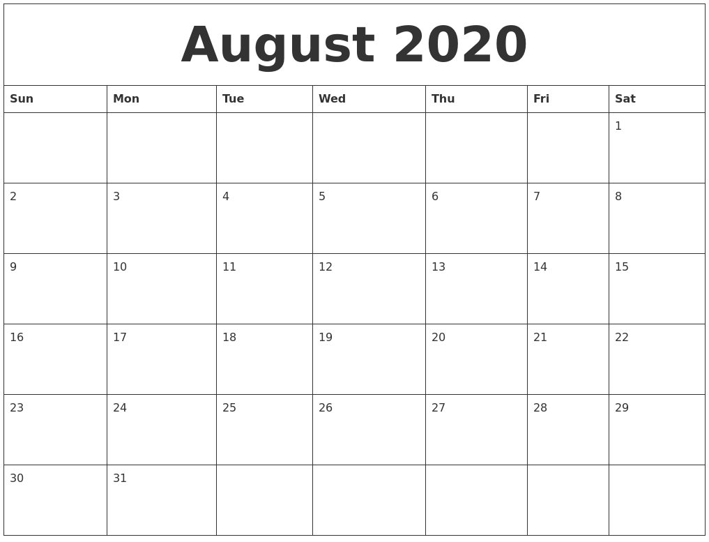 August 2020 Print Out Calendar