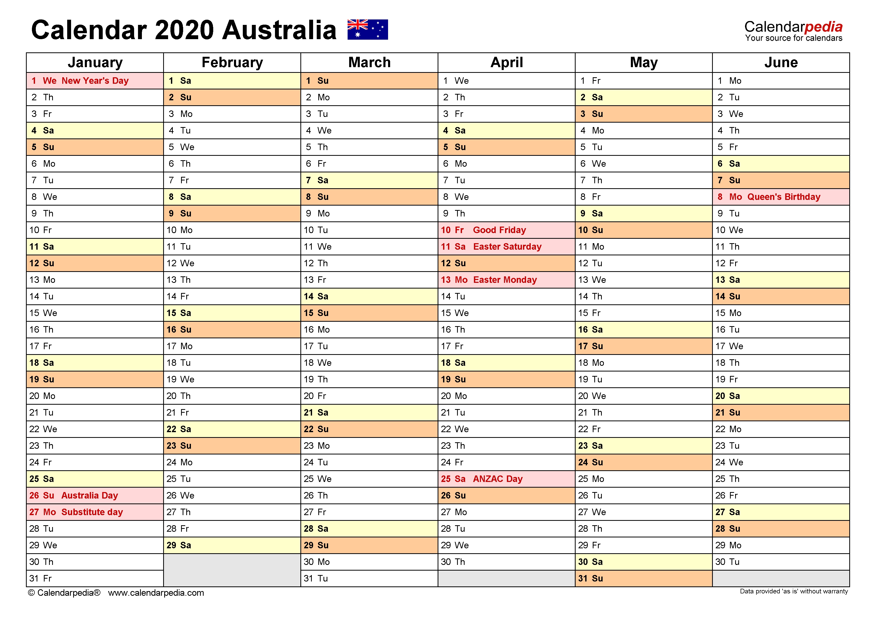 Australia Calendar 2020 - Free Printable Pdf Templates