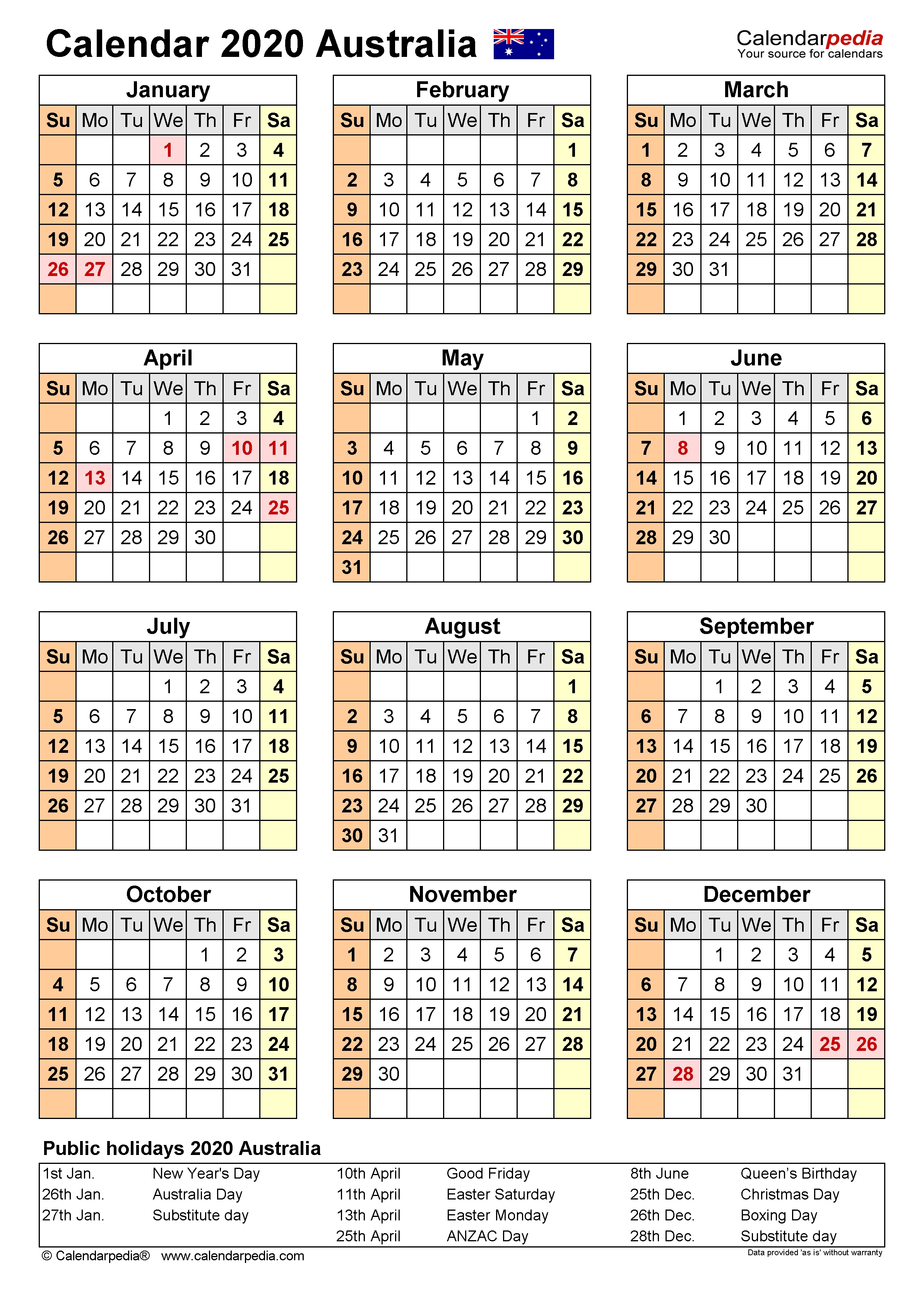 Australia Calendar 2020 - Free Printable Pdf Templates