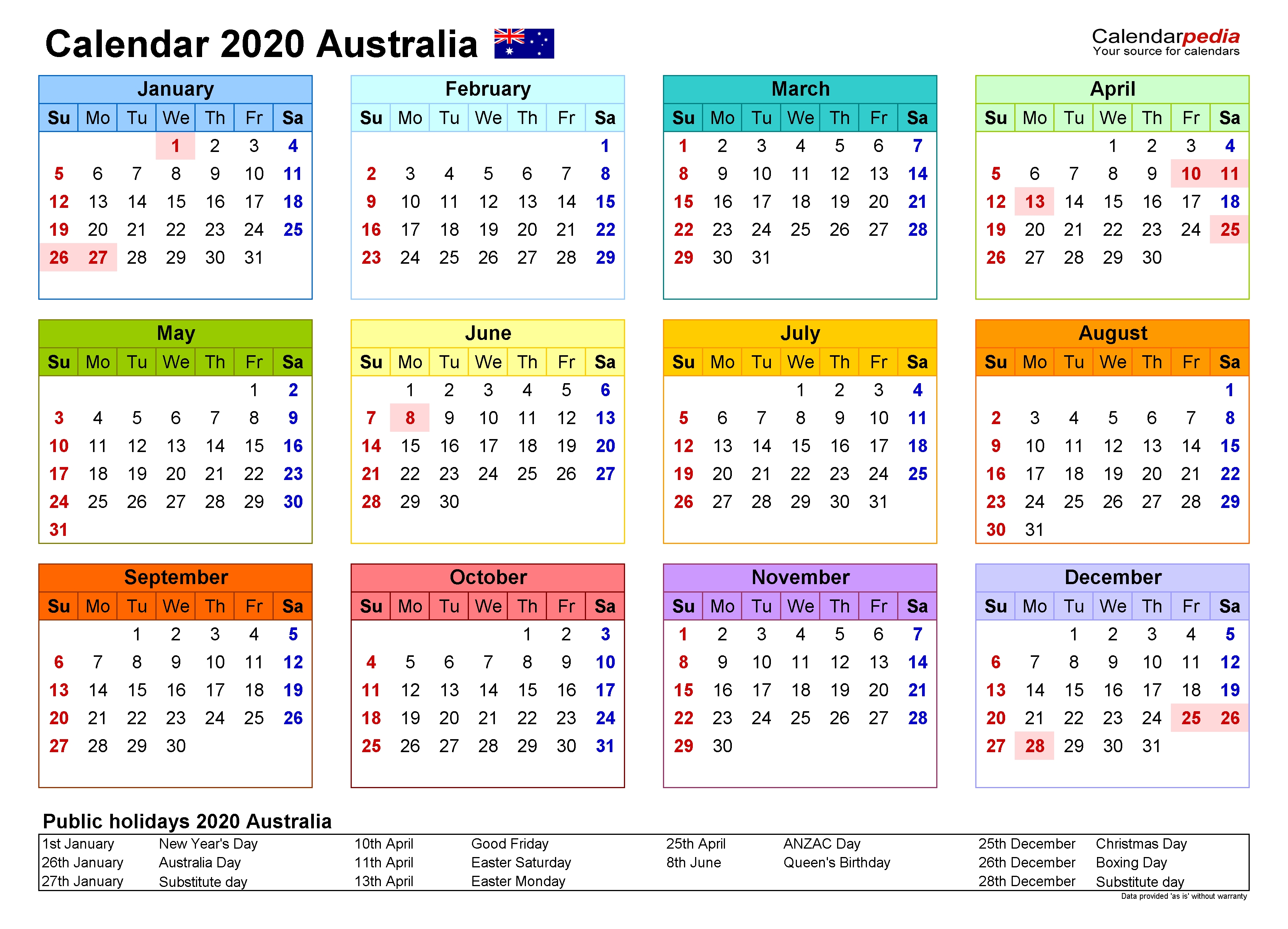 Australia Calendar 2020 - Free Printable Word Templates