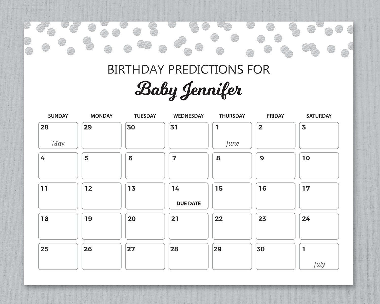 Baby Due Date Calendar Sign, Birthday Predictions, Guess The Birthday,  Silver Confetti Baby Shower Games, Guess The Due Date Sign, B016