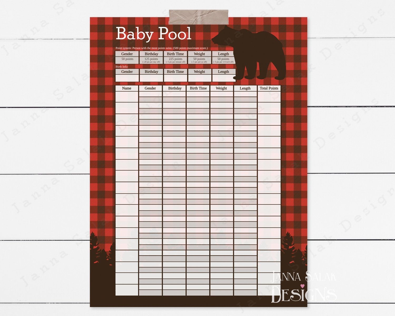 Baby Pool Birth Prediction Printable Poster Sign Template