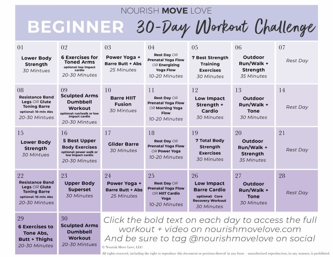 Beginner Workout Plan + 30-Day Workout Calendar | Nourish