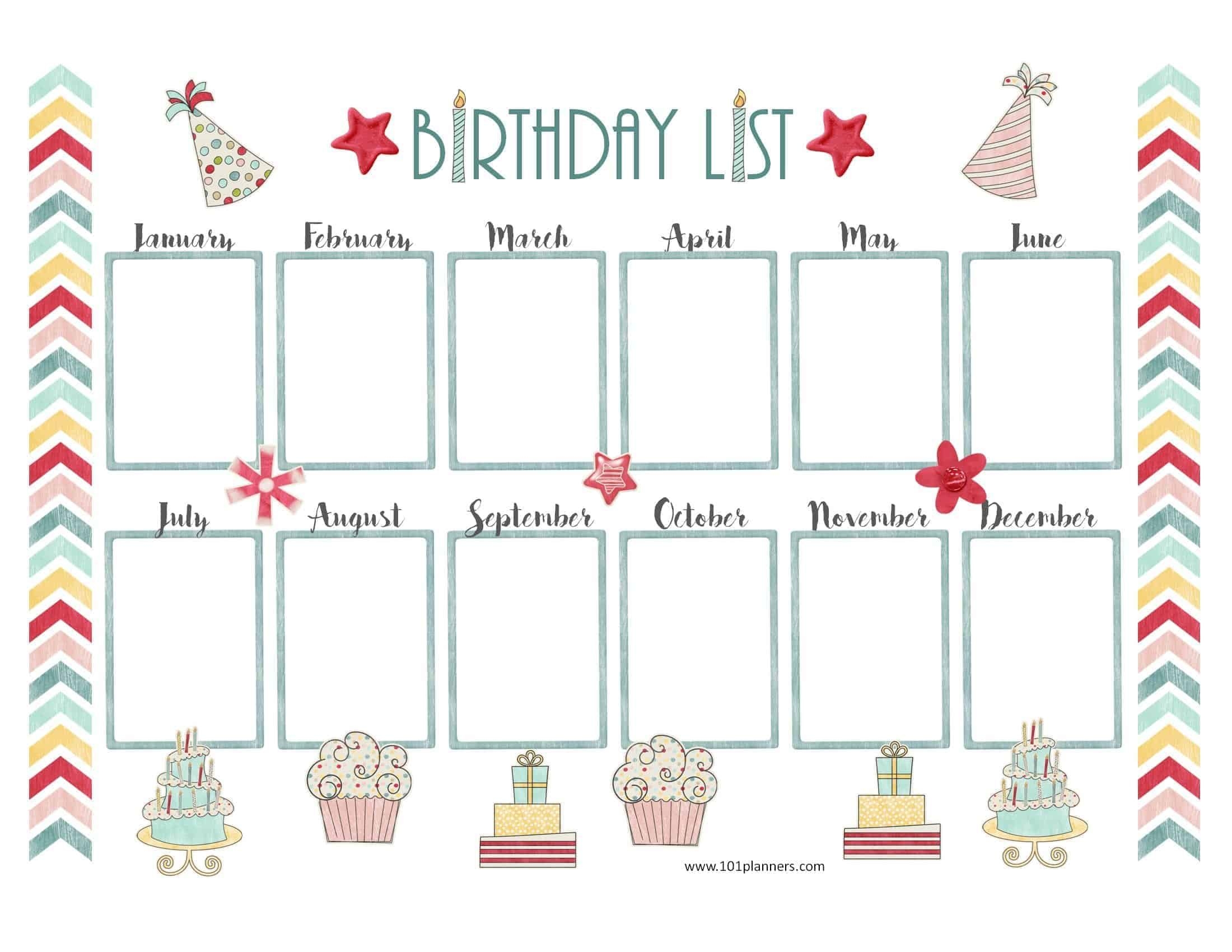 Printable Birthday Calendar Template