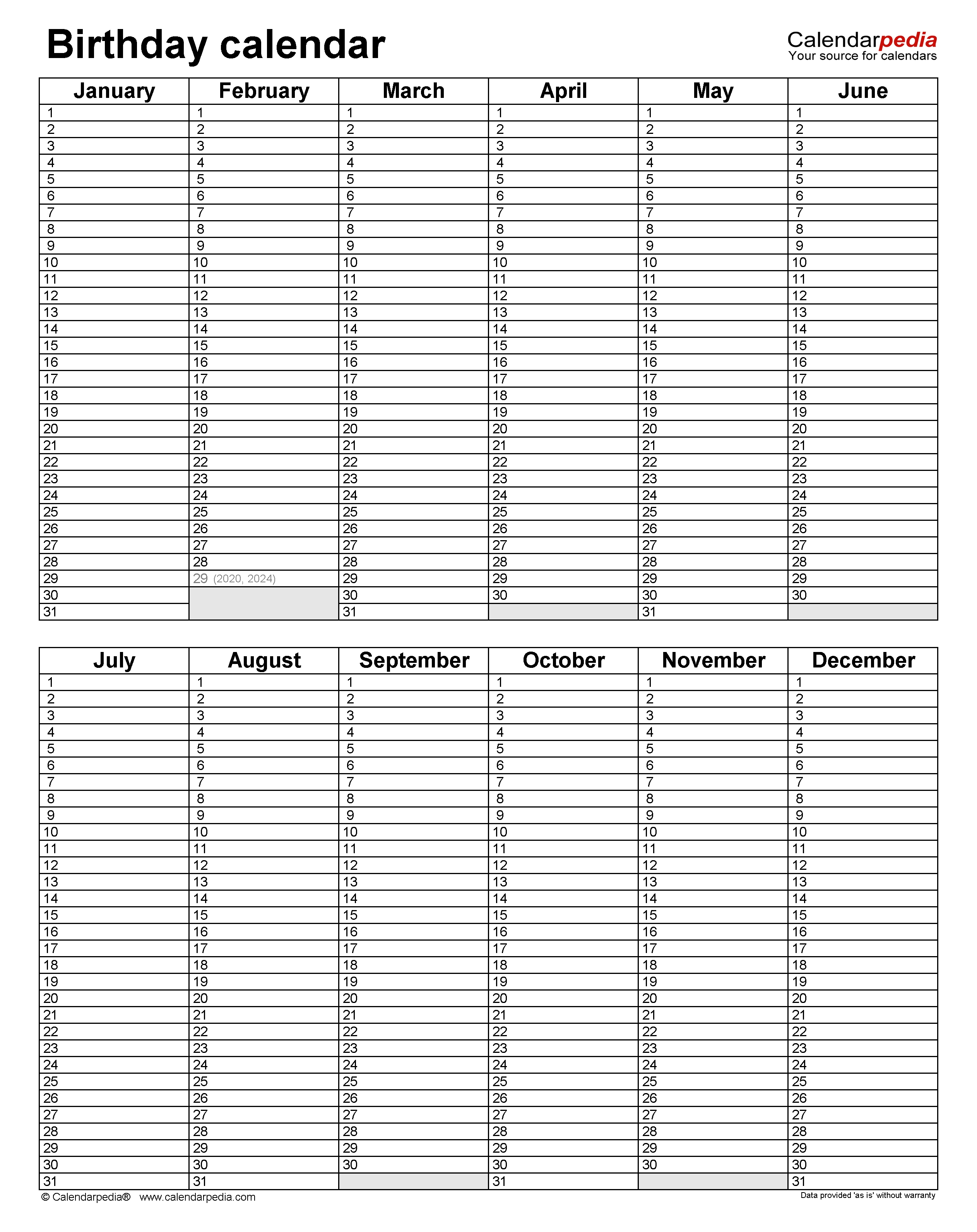 Birthday Calendars - Free Printable Microsoft Excel Templates