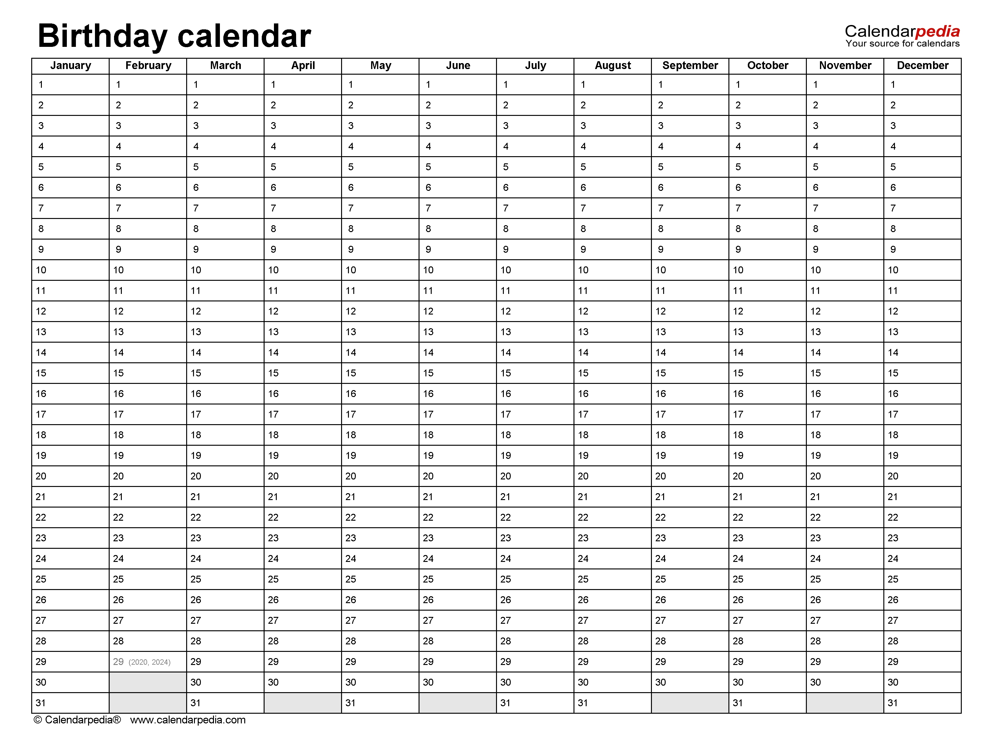 Birthday Calendars - Free Printable Microsoft Excel Templates