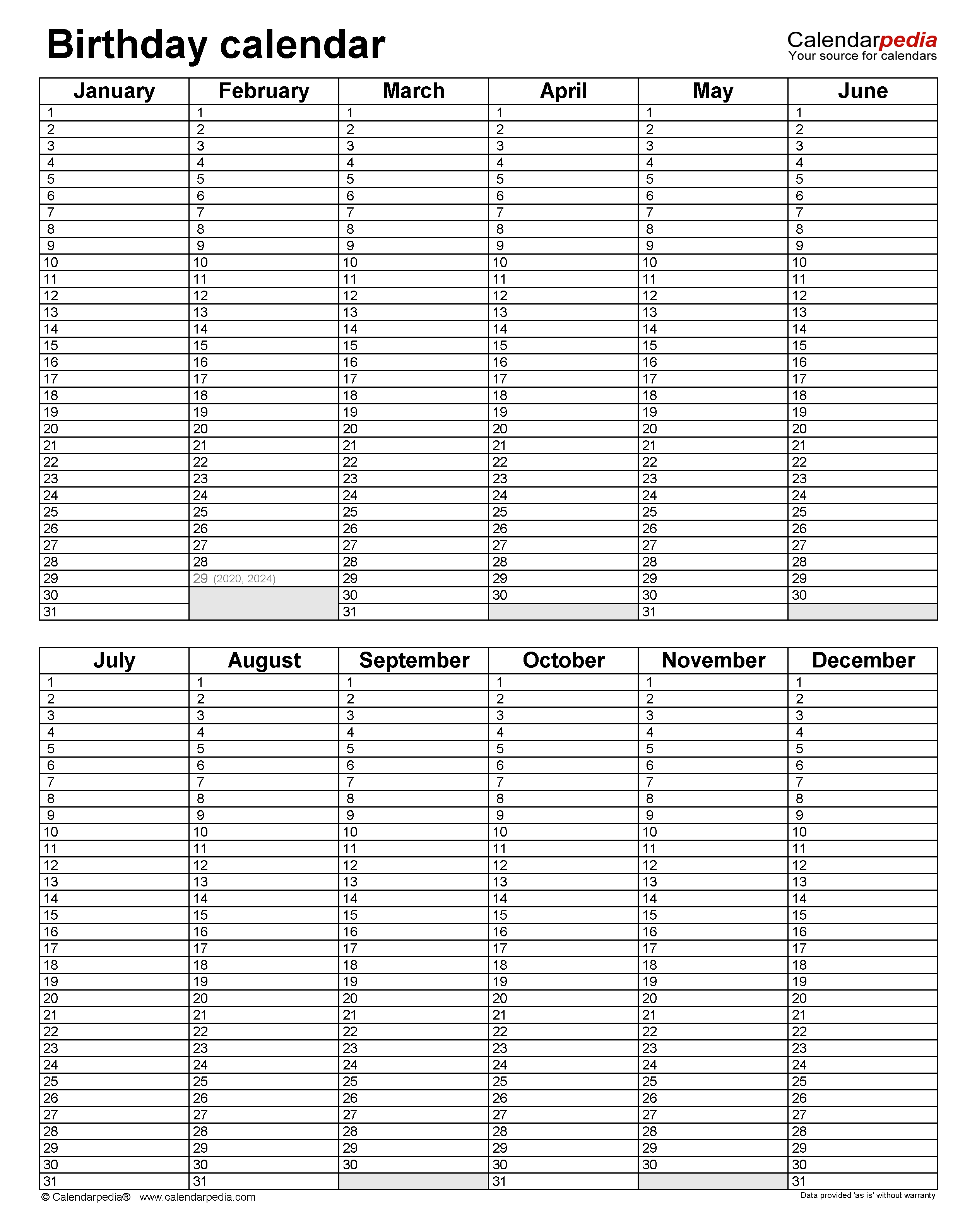 Birthday Calendar Template Free Pdf