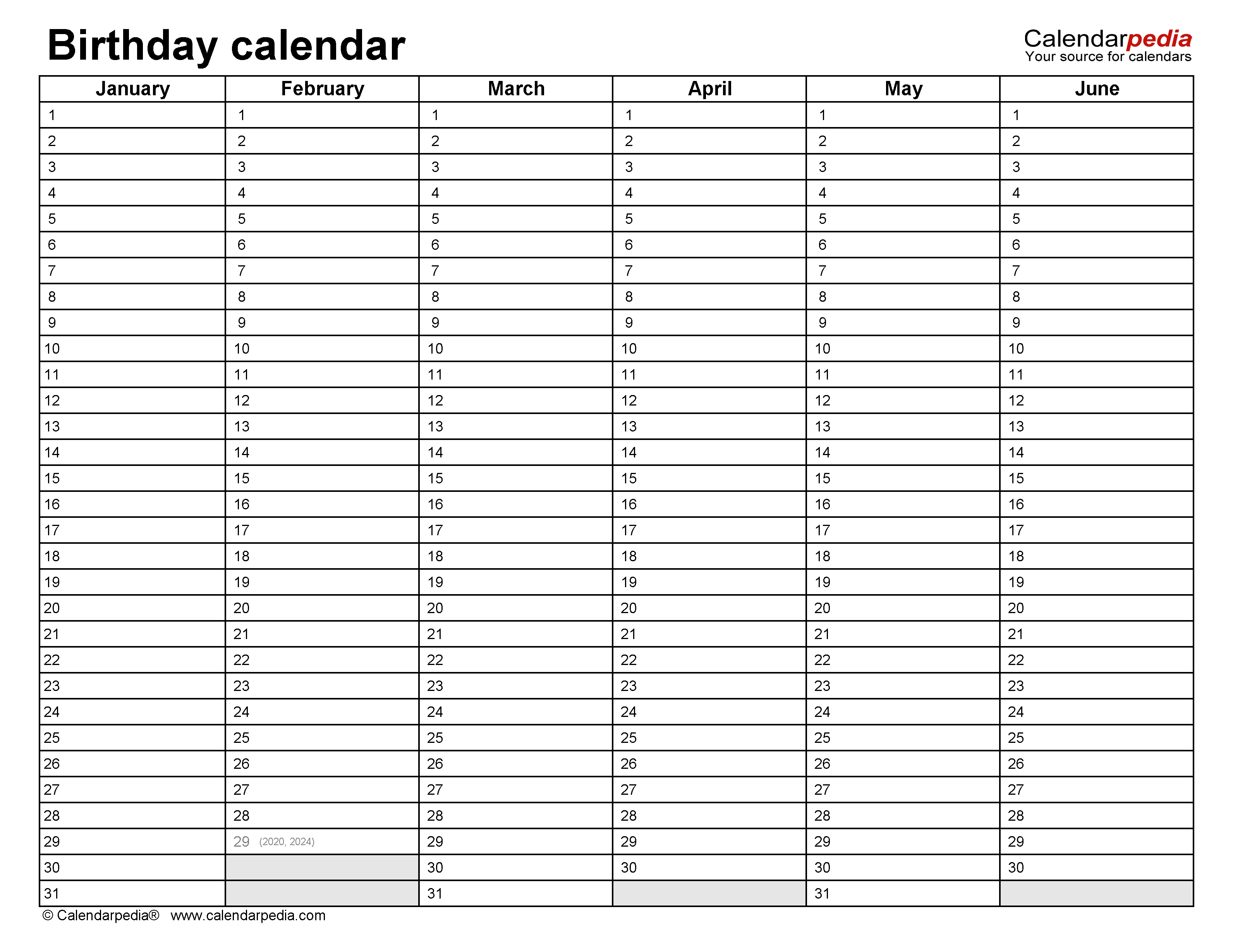 Birthday Calendars - Free Printable Microsoft Word Templates