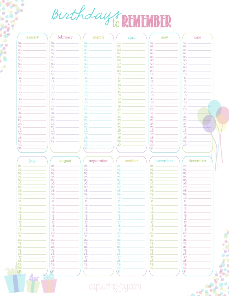 Birthdays To Remember~Yearly Calendar {Free Printable