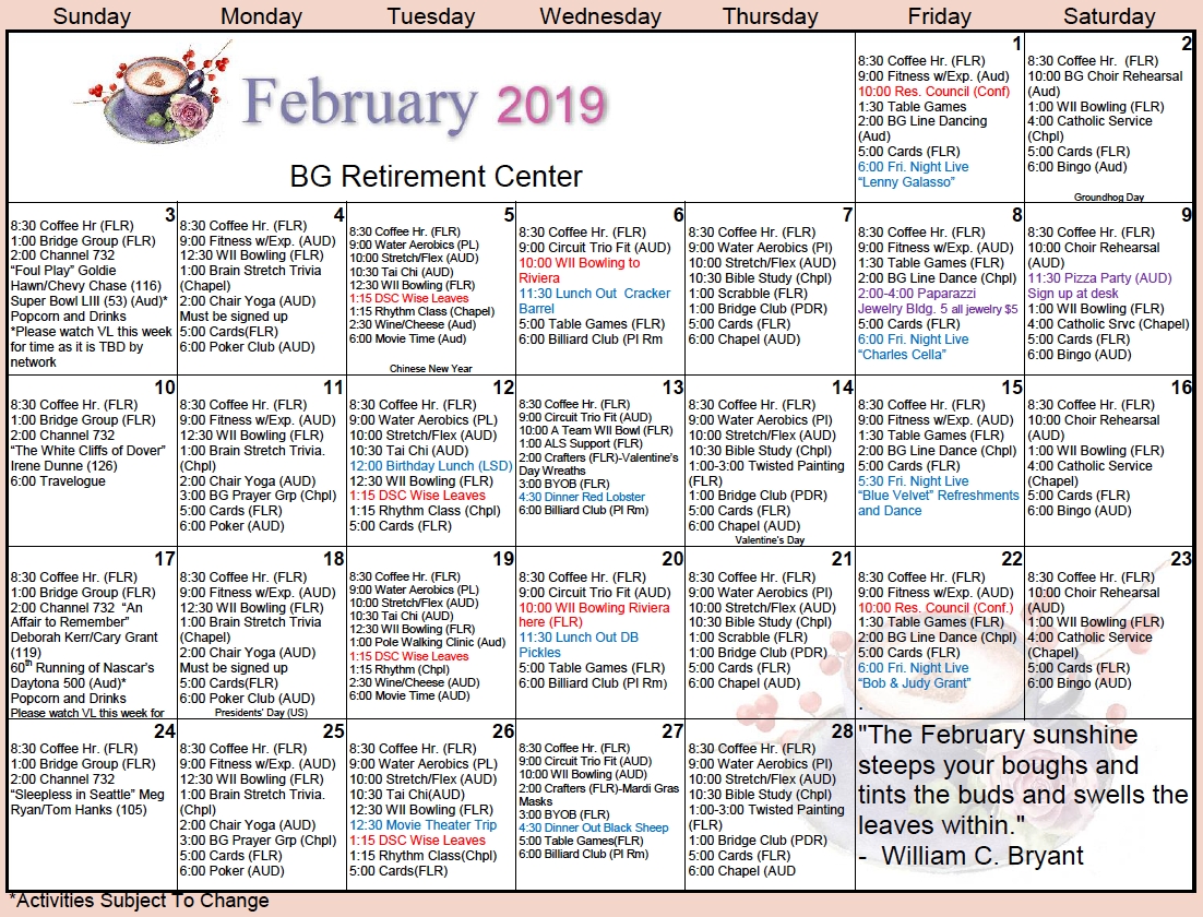 Bishop&#039;s Glen February Calendar - Bishop&#039;s Glen Retirement