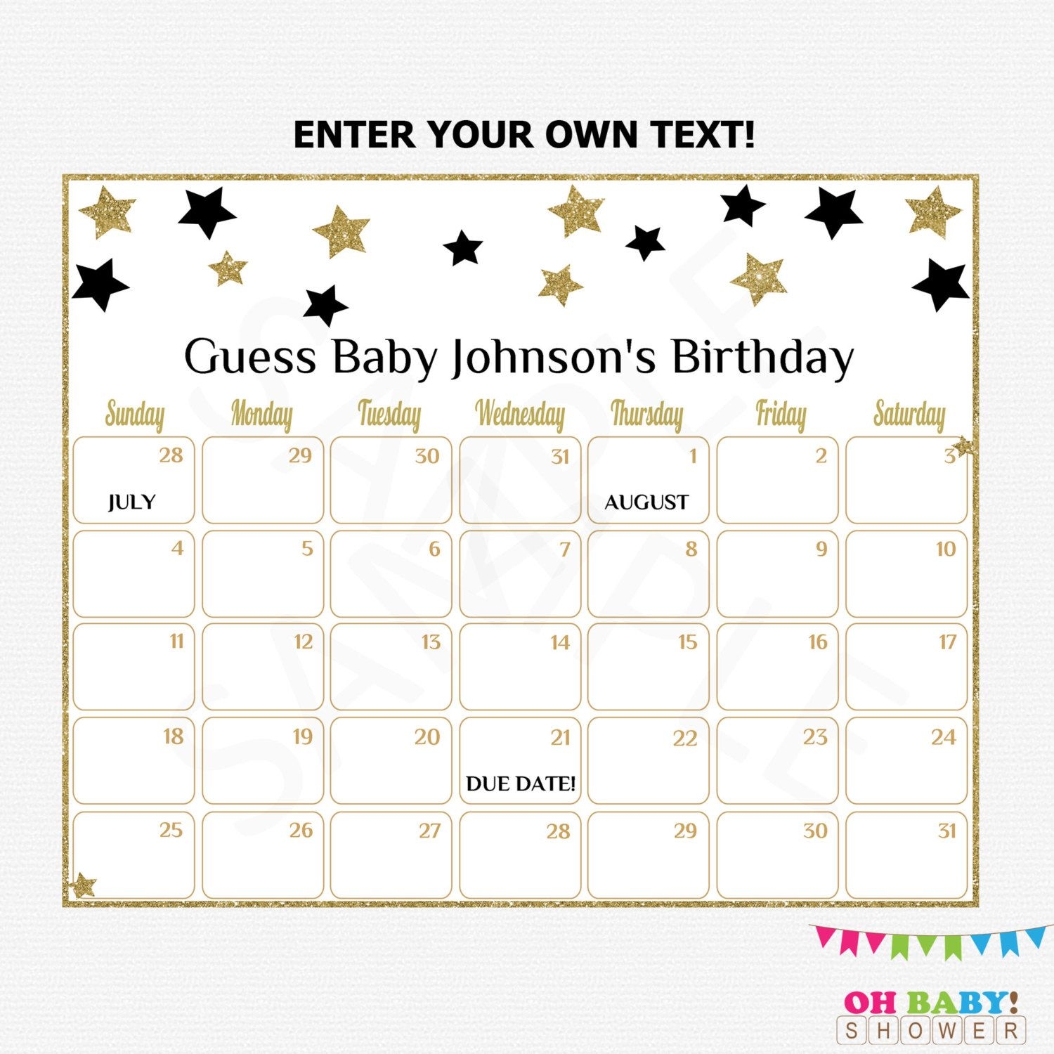Black And Gold Baby Due Date Calendar Baby Shower Game Guess Baby&#039;s  Birthday Editable Twinkle Little Star Printable Shower Download Stblg