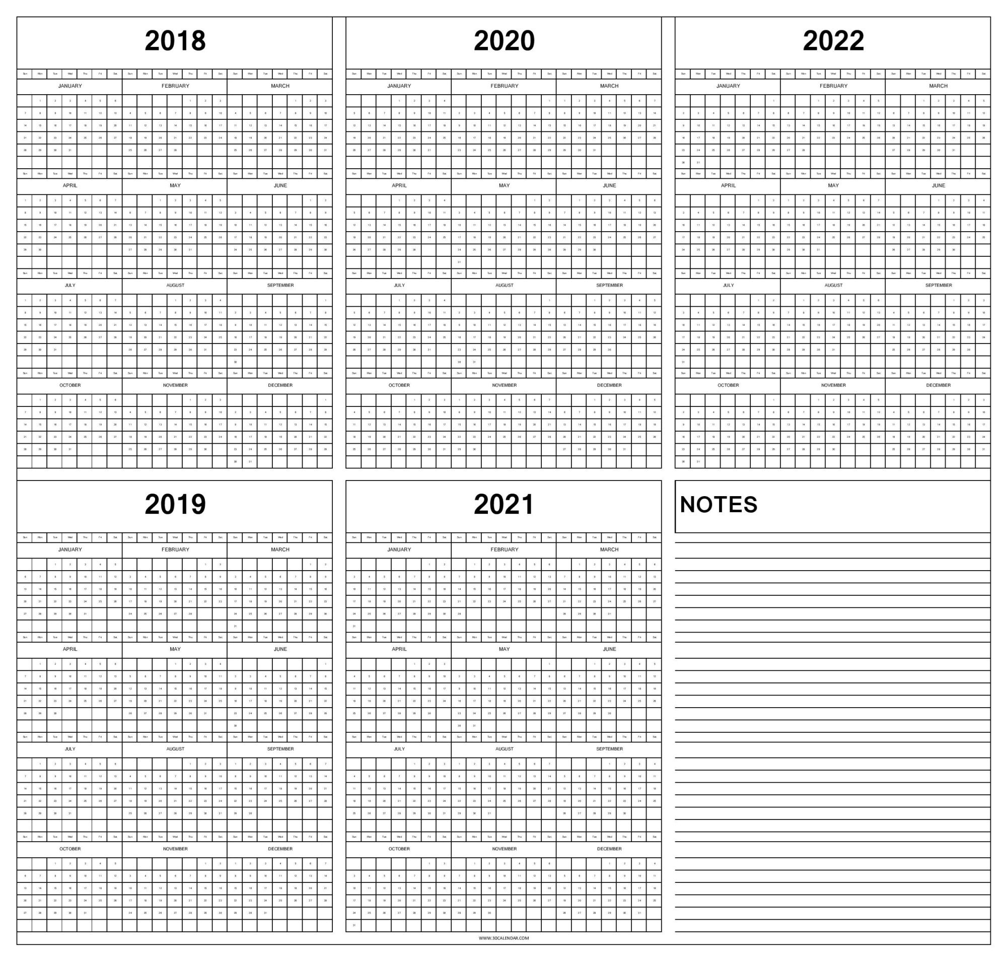 Blank 2018 2019 2020 2021 And 2022 Calendar | Five Year Template