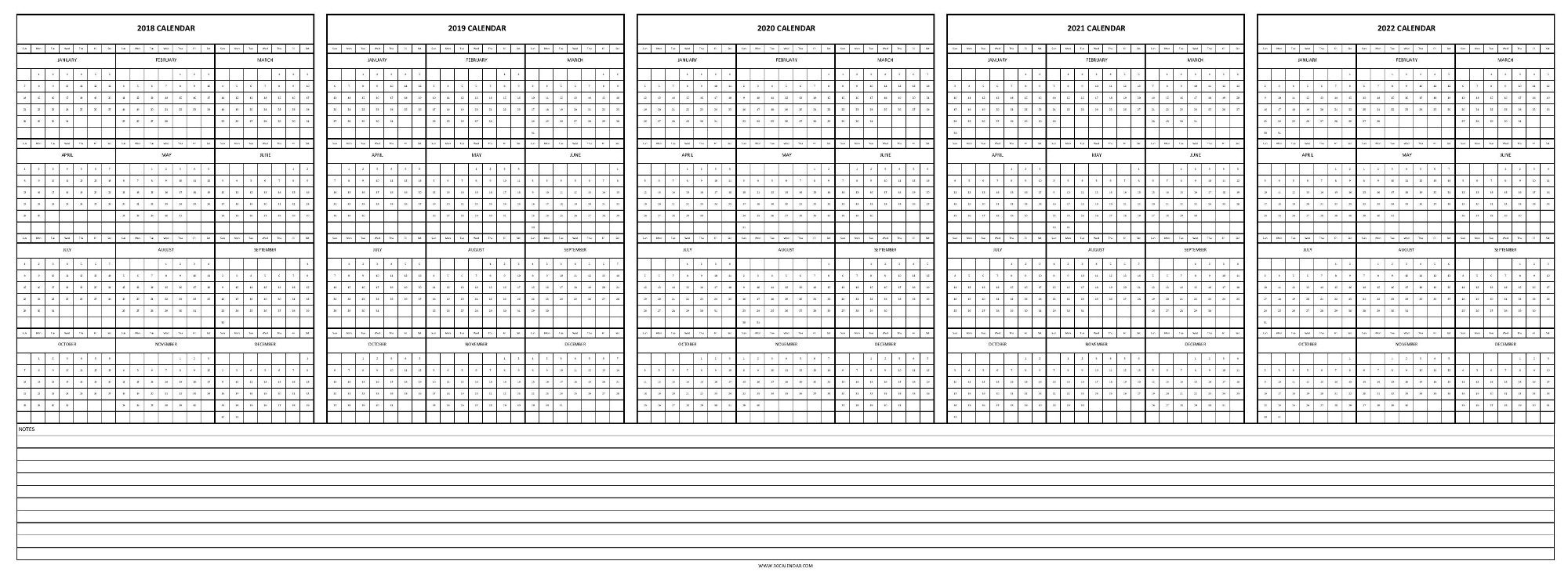 Blank 2018 To 2022 Calendar | Five Year Template With Notes