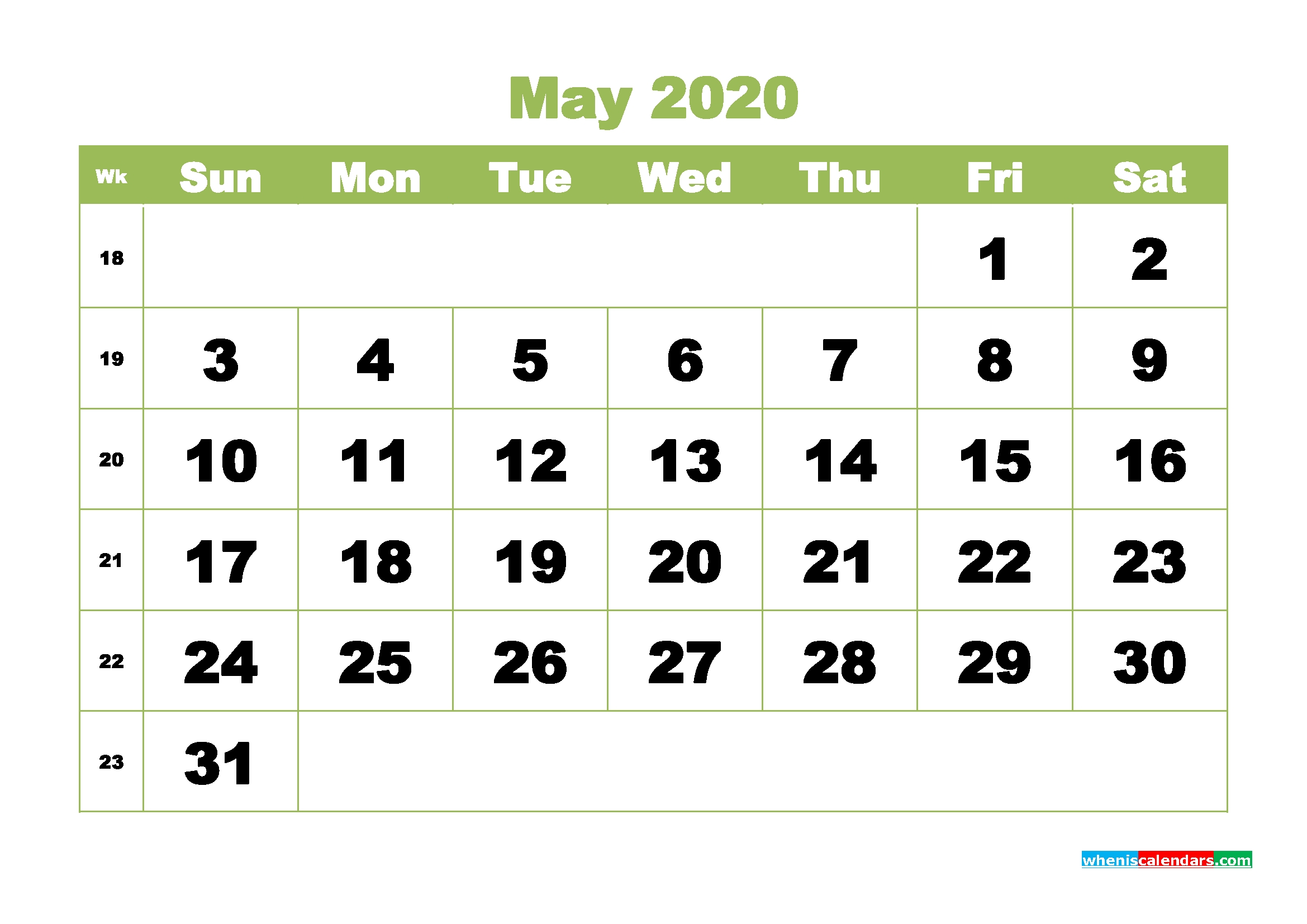 Blank 2020 May Calendar Printable Landscape Layout | Free