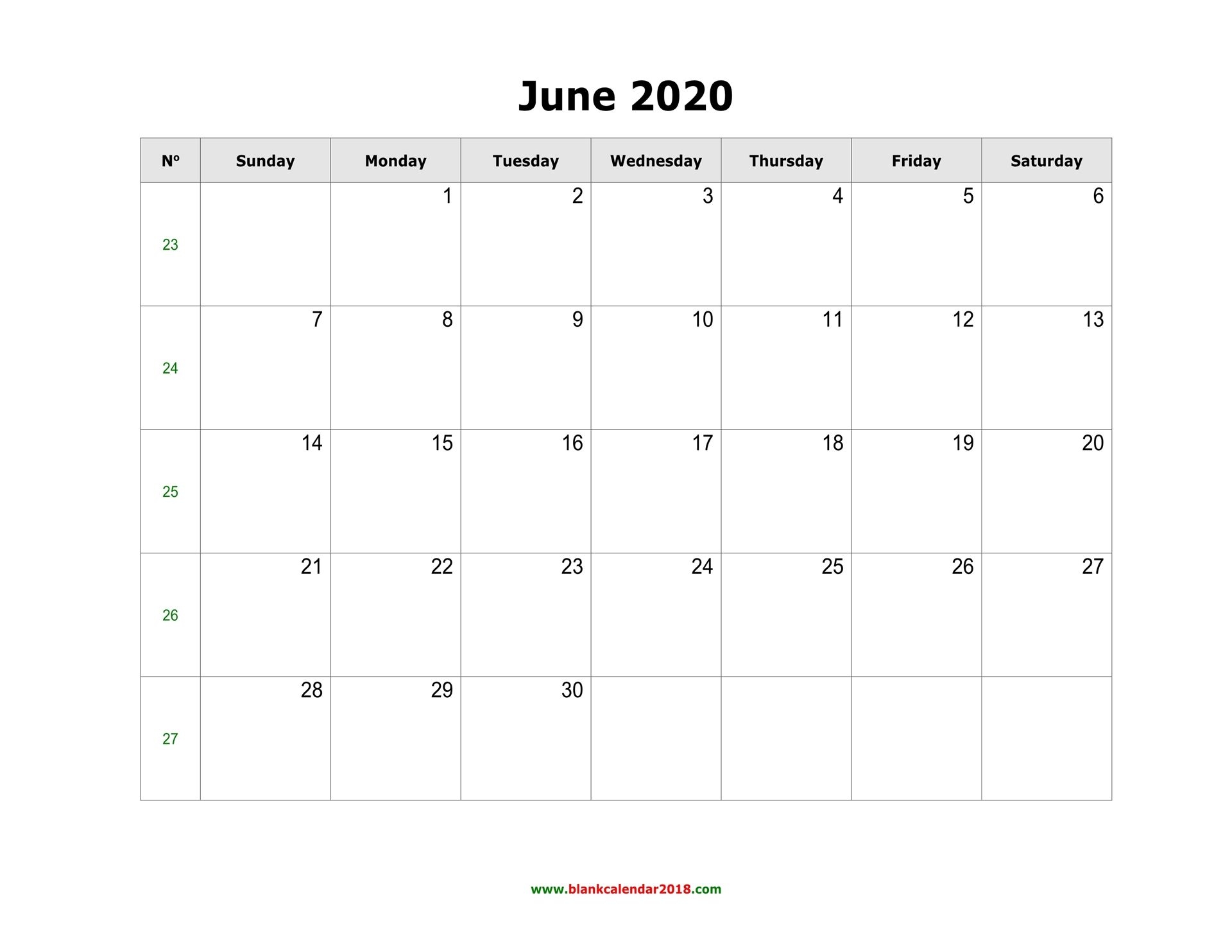 Blank Calendar For June 2020