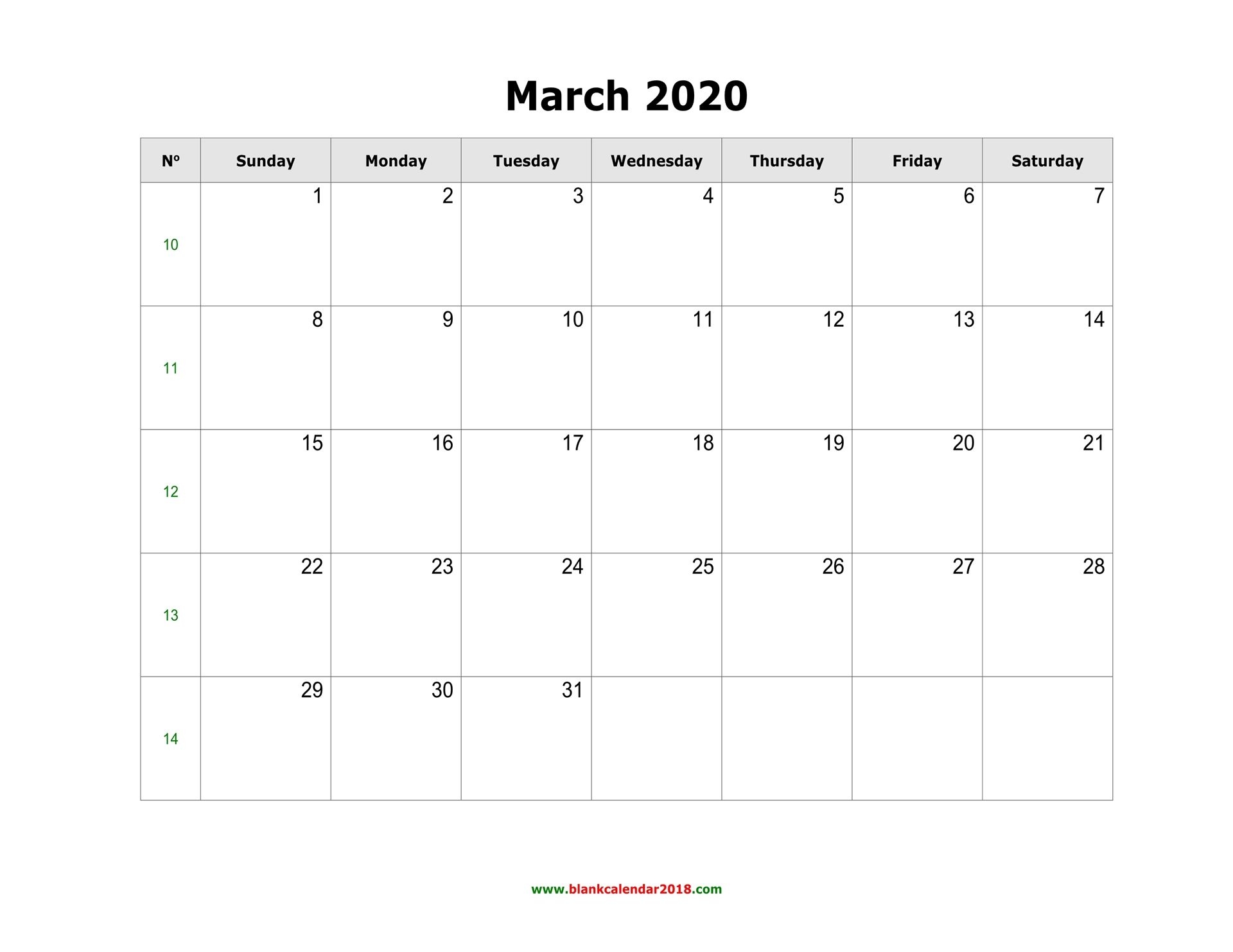 Blank Calendar For March 2020