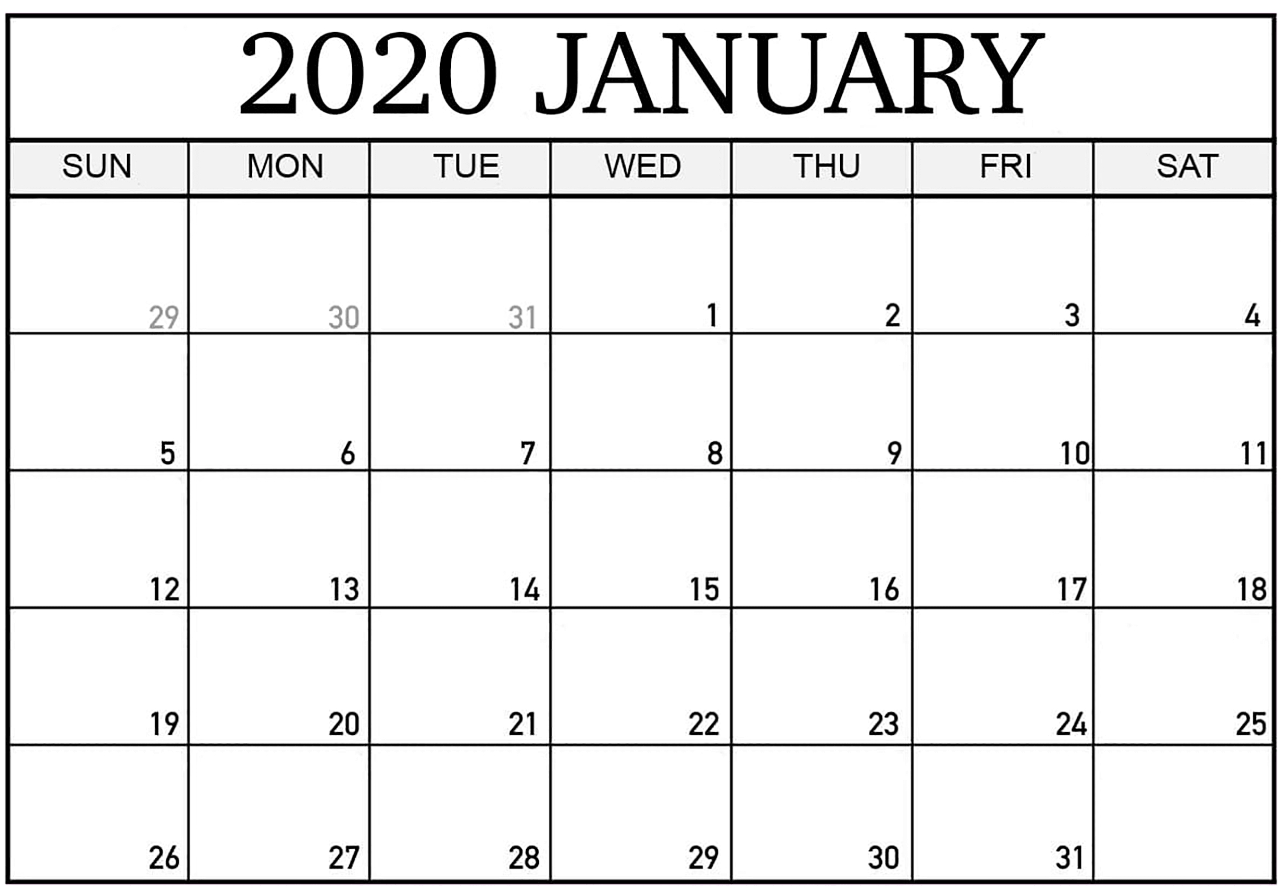 Blank Calendar January 2020 Printable Excel Landscape
