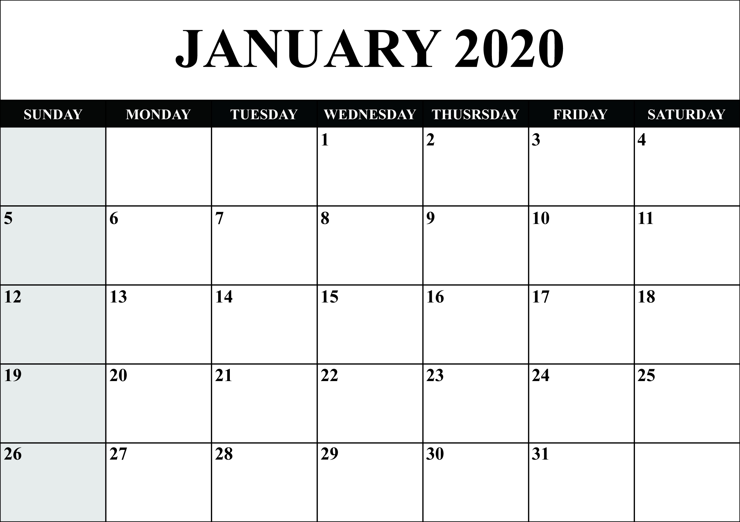 Blank Calendar January 2020 Printable Fillable Template