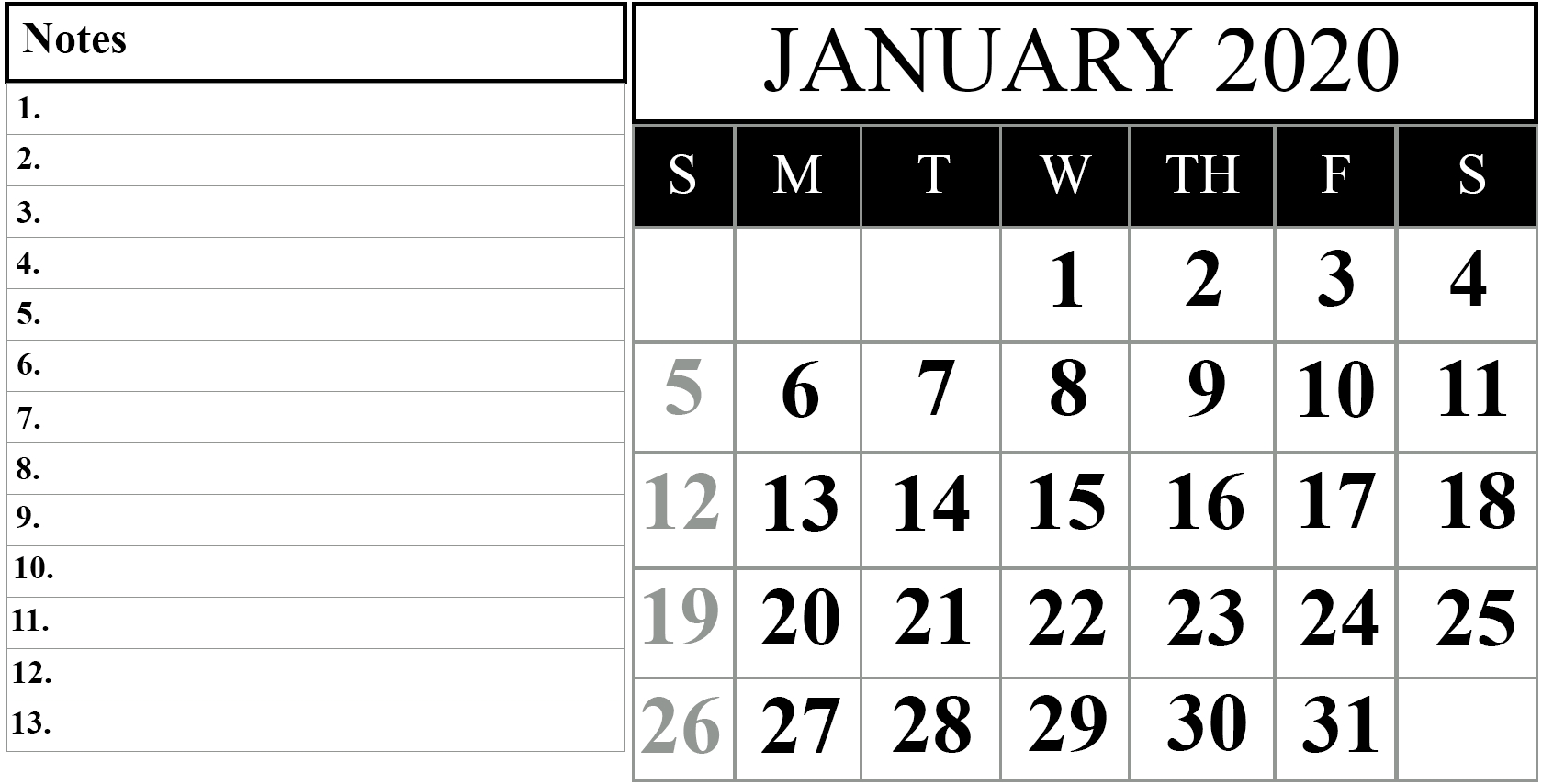 Blank Calendar January 2020 Printable Fillable Template