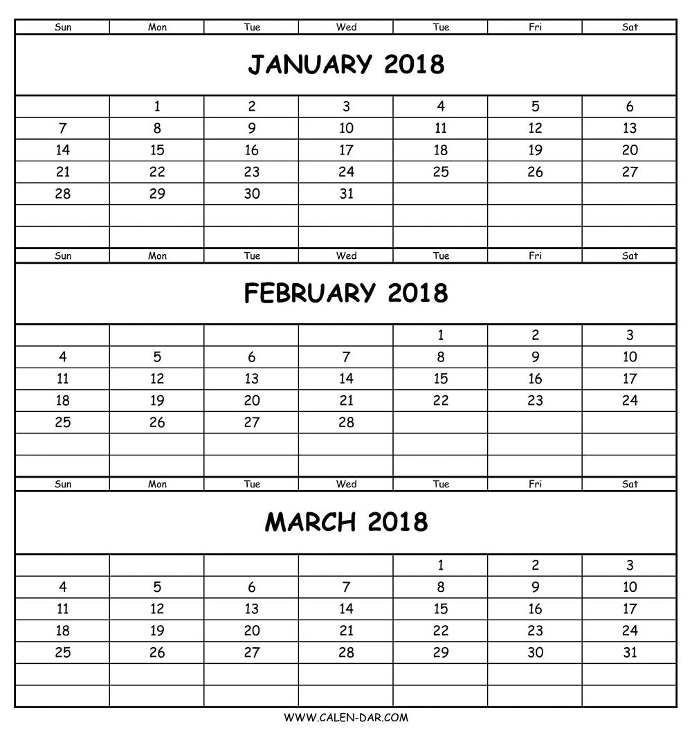 Blank January February March 2018 Calendar Template | Three