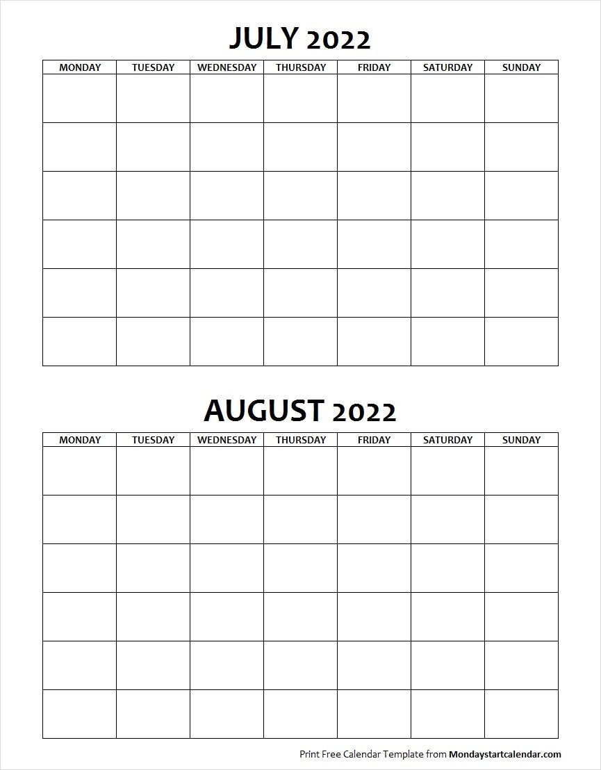 Blank July August 2022 Calendar Monday Start Template